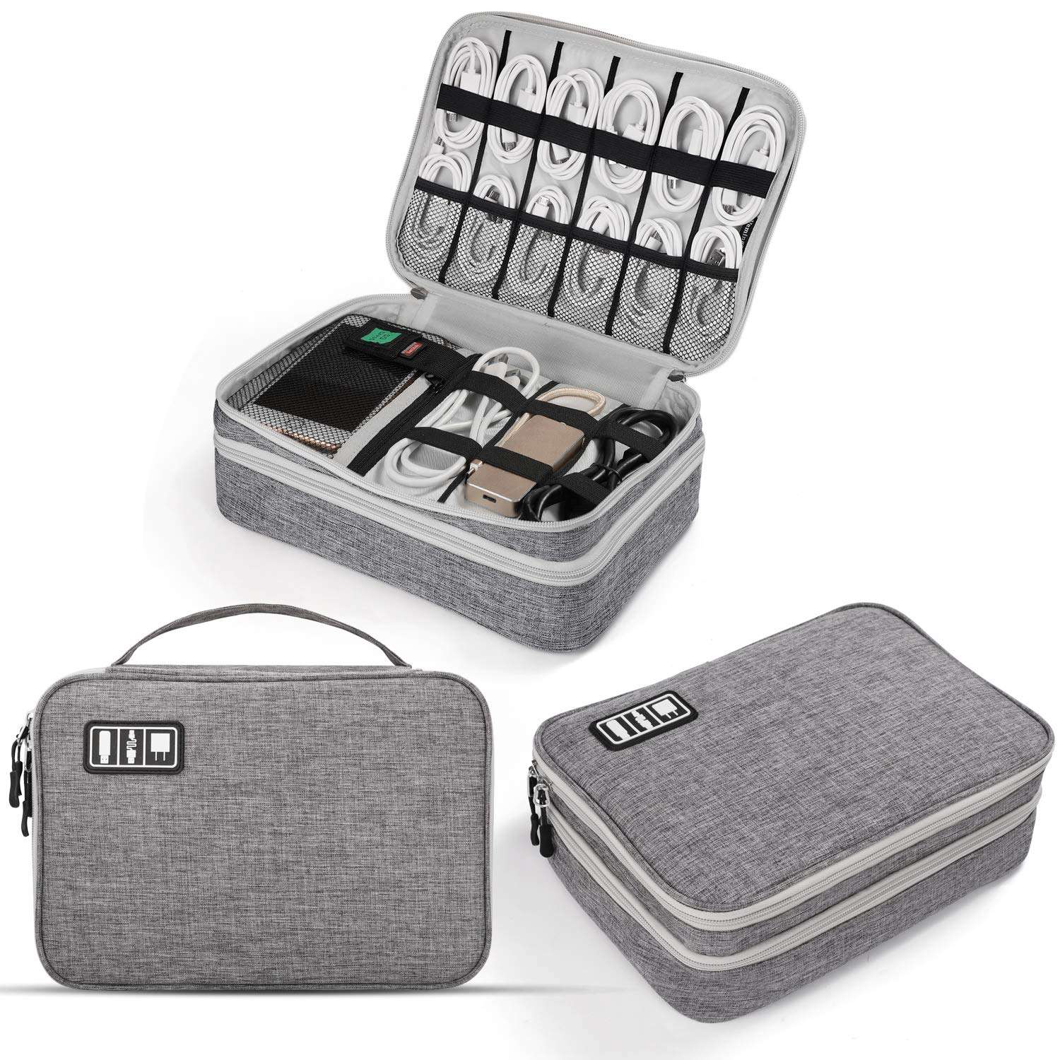 TechGround Electronics Organizer, Electronic Accessories Cable Organizer Bag Double Layer Travel Cord Organizer Bag for Cables, Laptop Charger, iPad Pro 11'' Tablet and More, Grey, RR-011G 1