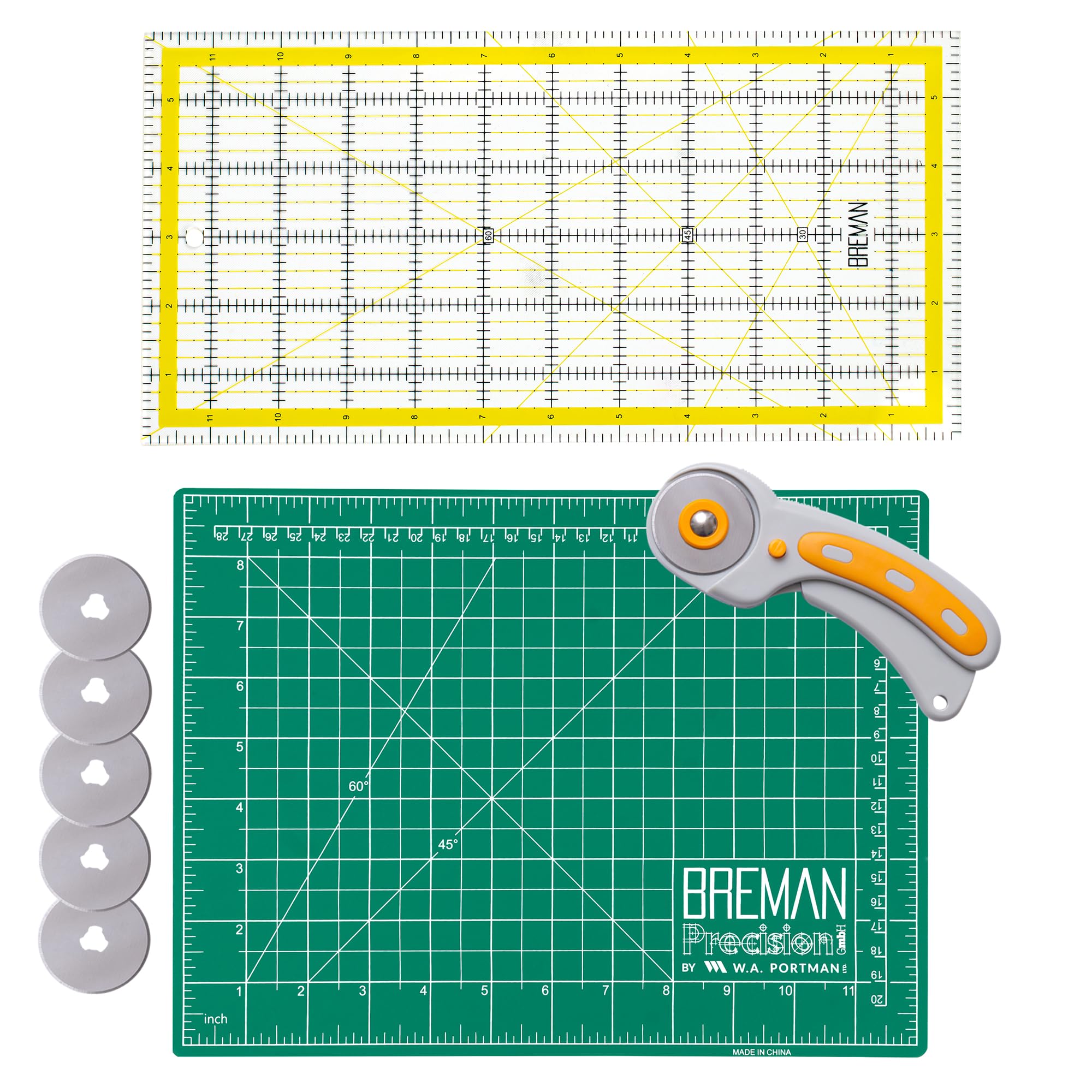 WA Portman Self Healing Cutting Mat & Rotary Cutter Set – 45mm Rotary Cutter for Fabric with 5 Extra Blades with 9x12 Fabric Cutting Mats for Crafts & 6x12 Acrylic Quilting Rulers – 3pc Sewing Kit