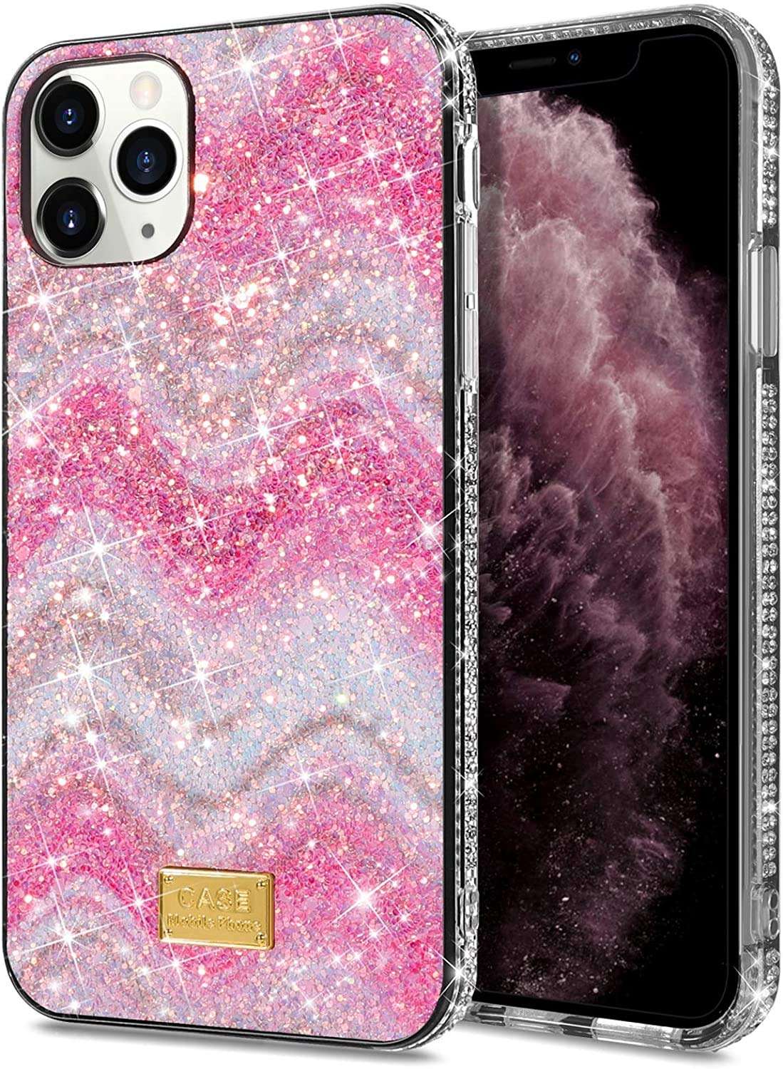 Case for iPhone 12 Pro Max Girl Women Rainbow Glitter Case Bling Protective Sparkle Shiny Case Rough Textured Anti-Slip Durable Shockproof Rhinestone Drop Protection Cover for iPhone 12 Pro Max - Pink