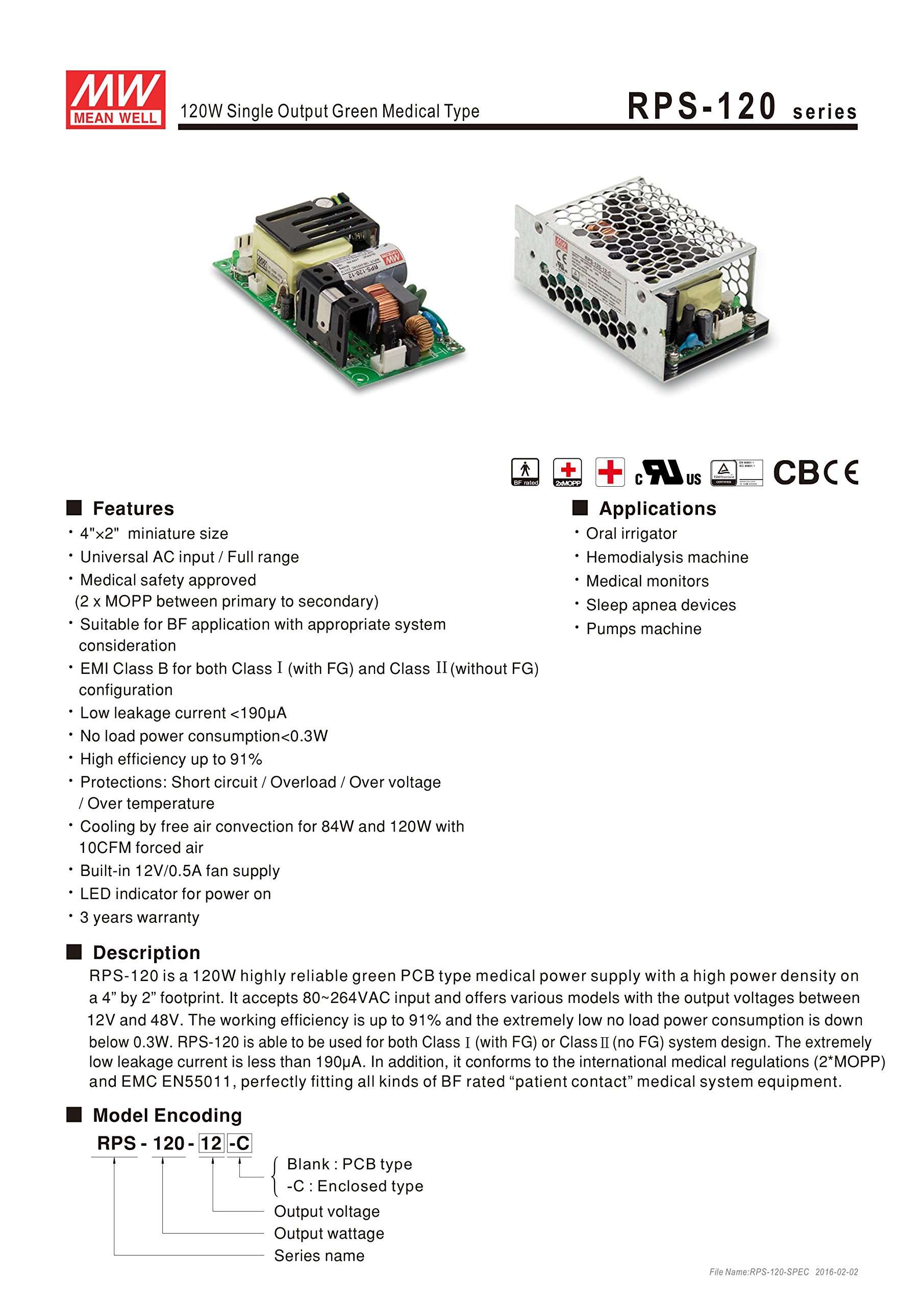 MW Mean Well RPS-120-15-C 15V 8A 120W Single Output Green Medical Type Power Supply 2