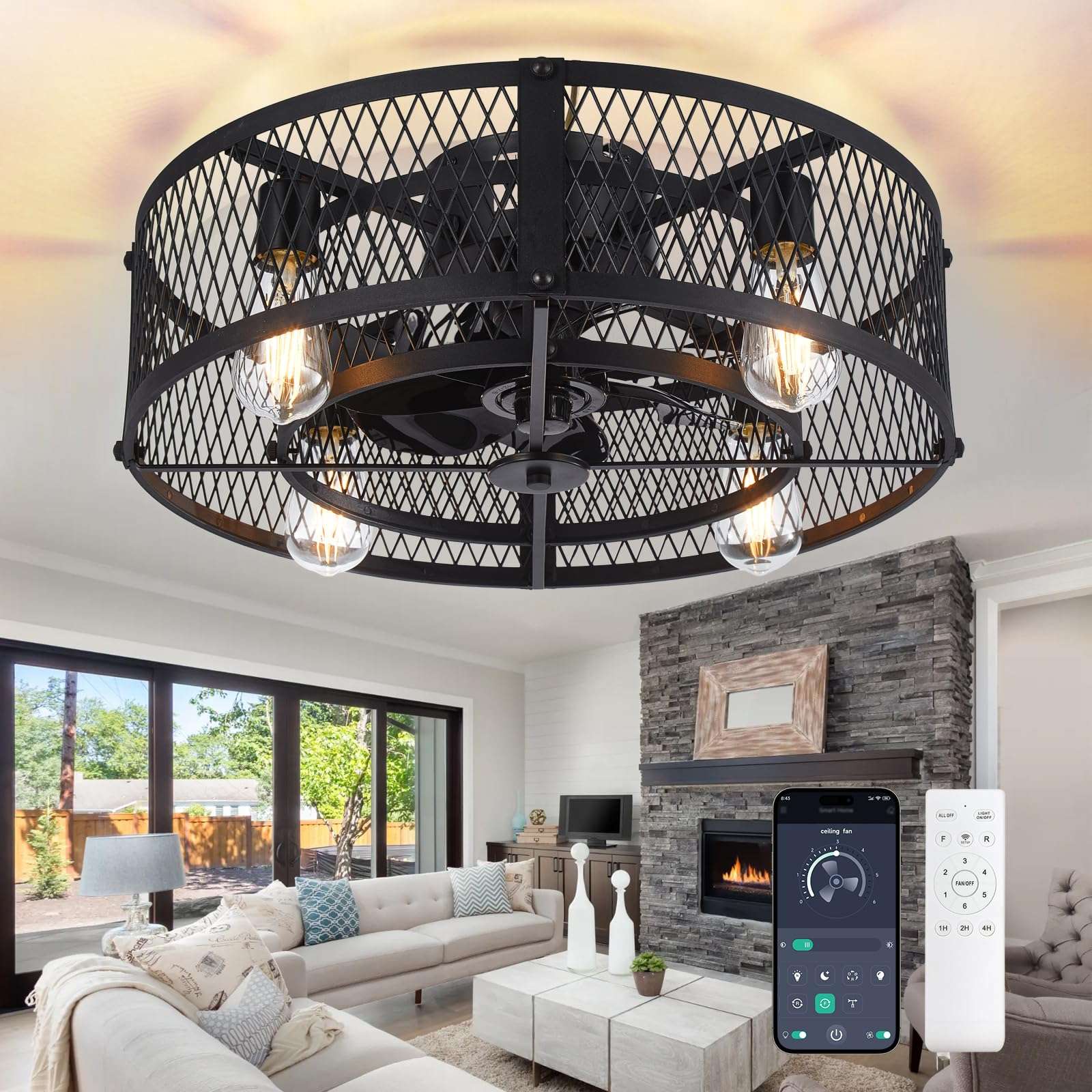 Depuley Small Ceiling Fan with Lights: Low Profile Ceiling Fan Reversible 20" - Industrial Caged Flush Mount Ceiling Fans Light fixture 6 Speeds for Kitchen Bedroom Black E26 Base Bulbs Included 1