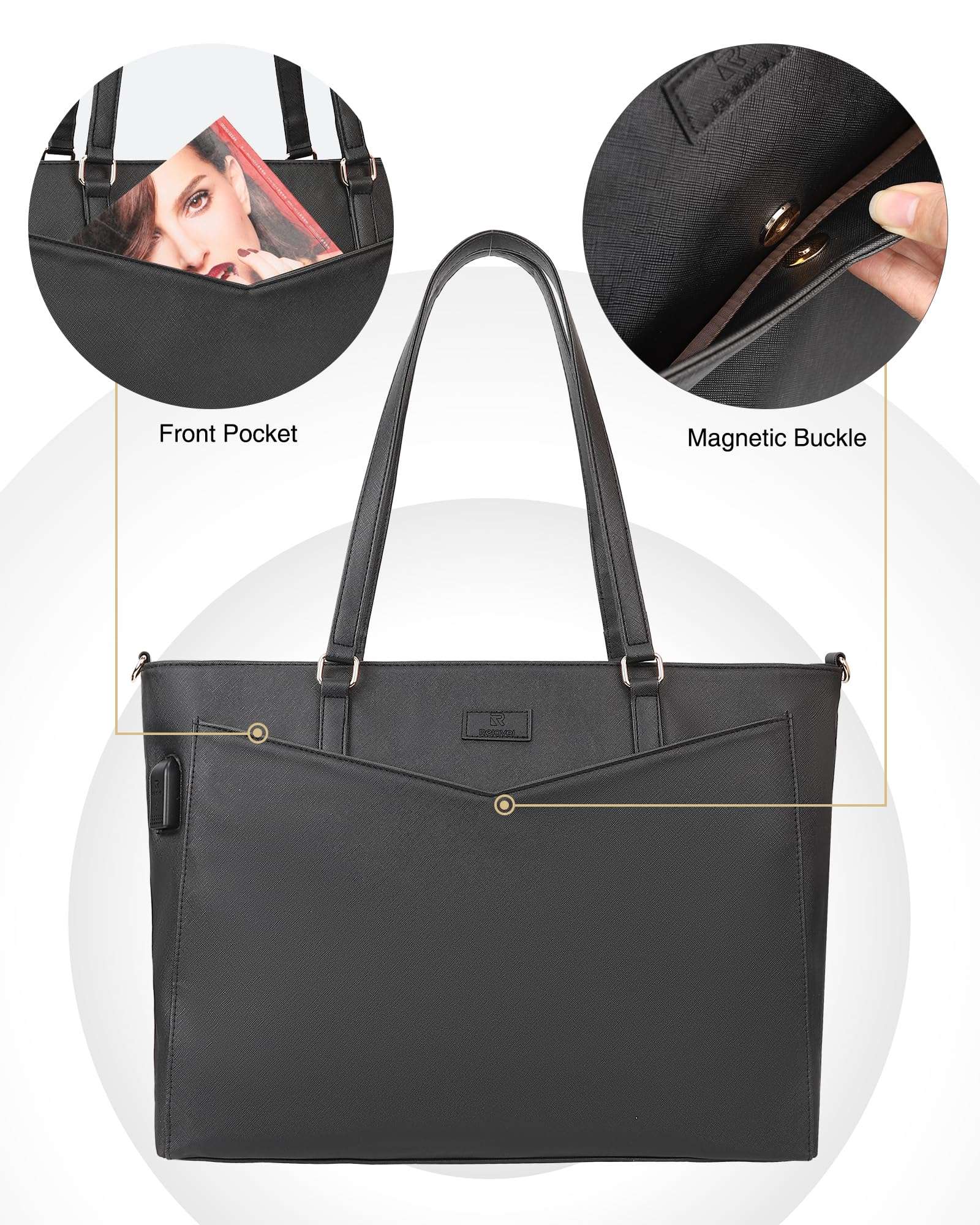 Laptop Tote Bag for Women 17.3 Inch Laptop Bag PU Leather Business Office Work Bag Briefcase with USB Waterproof Computer Tote Bag Large Handbag Satchel Shoulder Bag 4