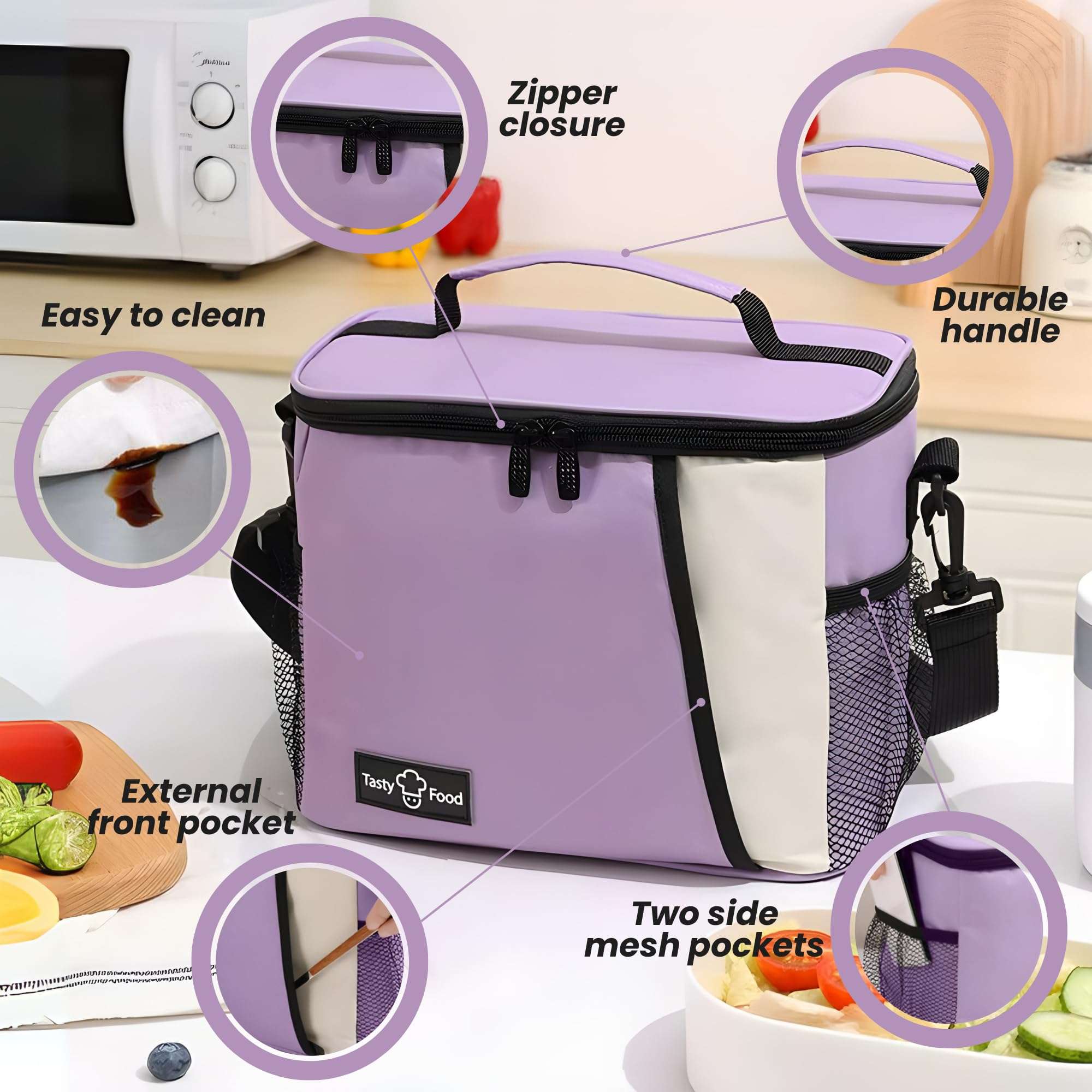 OCEANEVO Insulated Lunch Bag with Luggage Tag, Tiffin Bag for Office with Handle and Shoulder Strap for Men and Women - 25 x 17.5 x 20 Cm - Purple 4