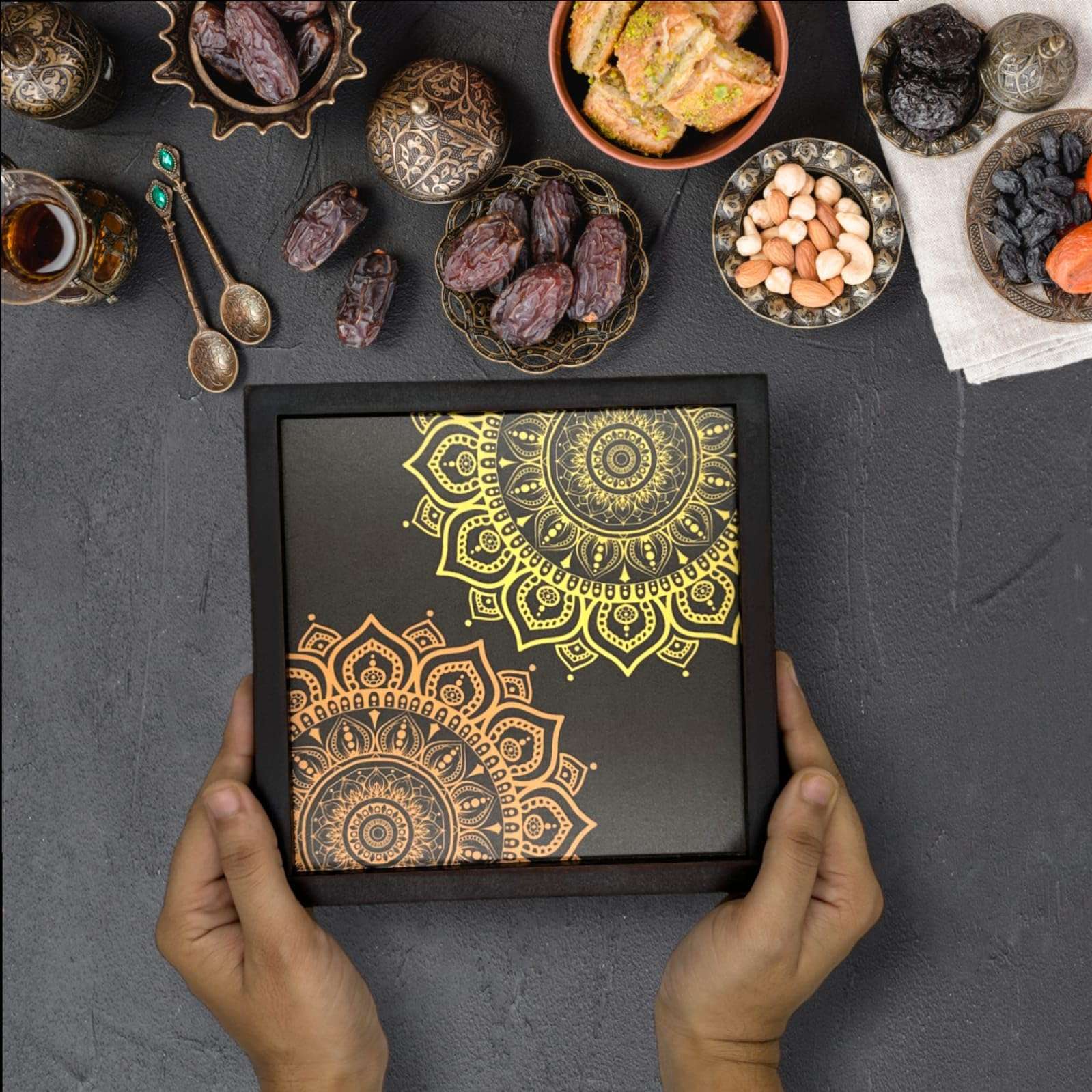 Angira handicrafts Wooden Dry Fruit Box Multipurpose 4 Section Handcrafted Large Size Square Dry Fruit Box for Diwali Gift, Food Storage, Spice Box AHS-WBOXX010