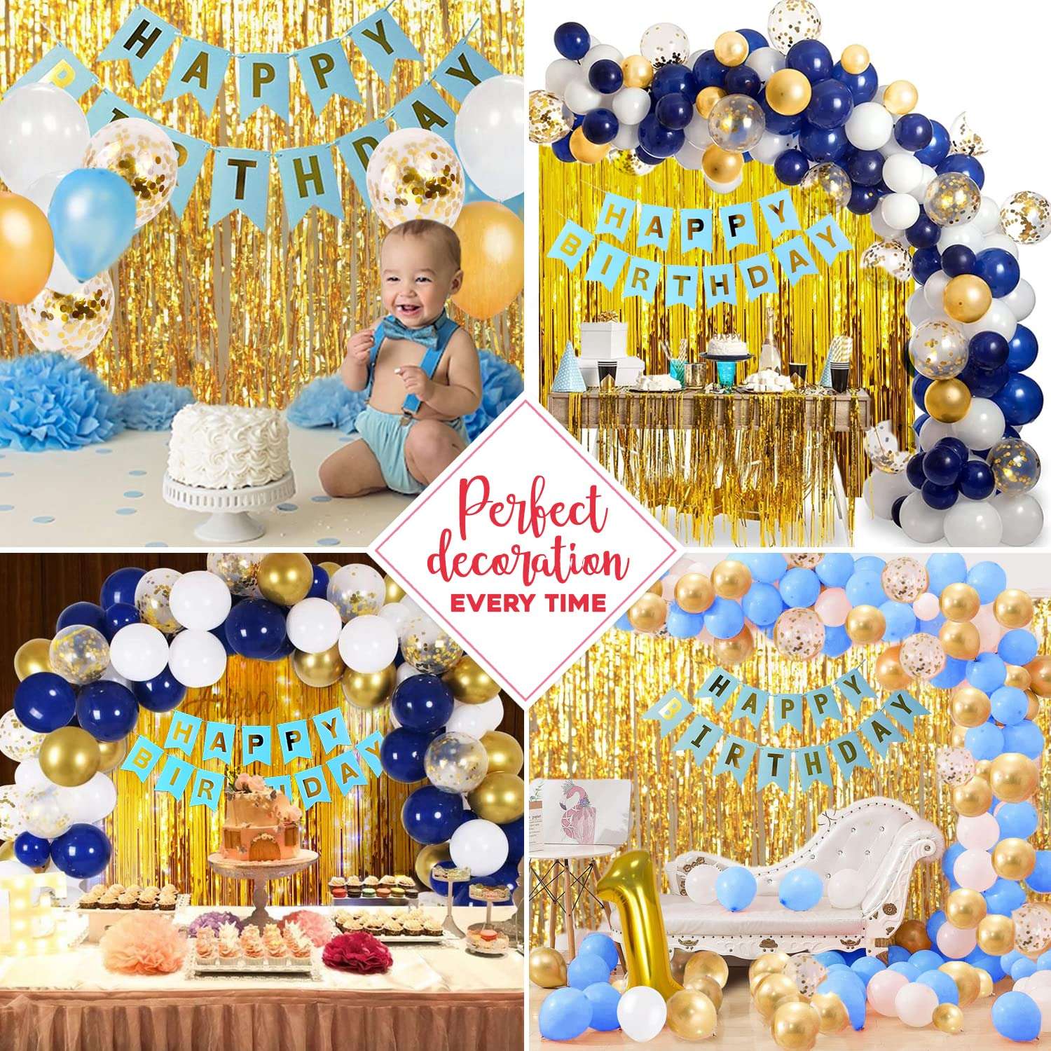 Zyozique Blue and Gold Birthday Decorations & Birthday Decorations For Men,Foil Curtain,Happy Birthday Banners,Mettalic Balloons,Balloon Pump,Confetti Balloons,Glue Dot,Ribbon,For Boys Birthday And Baby 1st Birthday Supplies (Pack of 41) 5