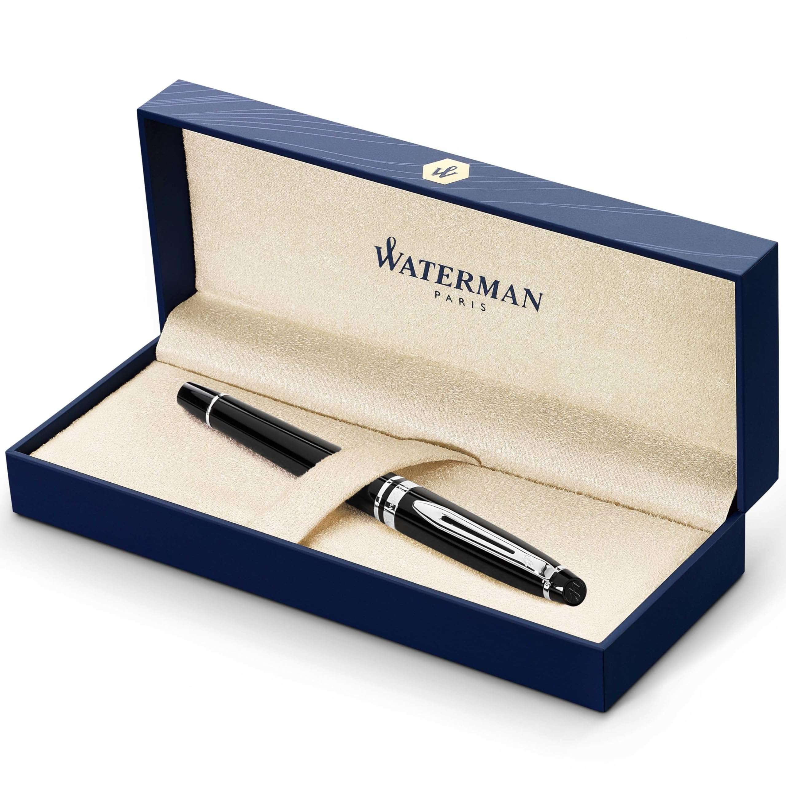 Waterman Expert Fountain Pen, Gloss Black with Chrome Trim, Medium Nib with Blue Ink Cartridge, Gift Box