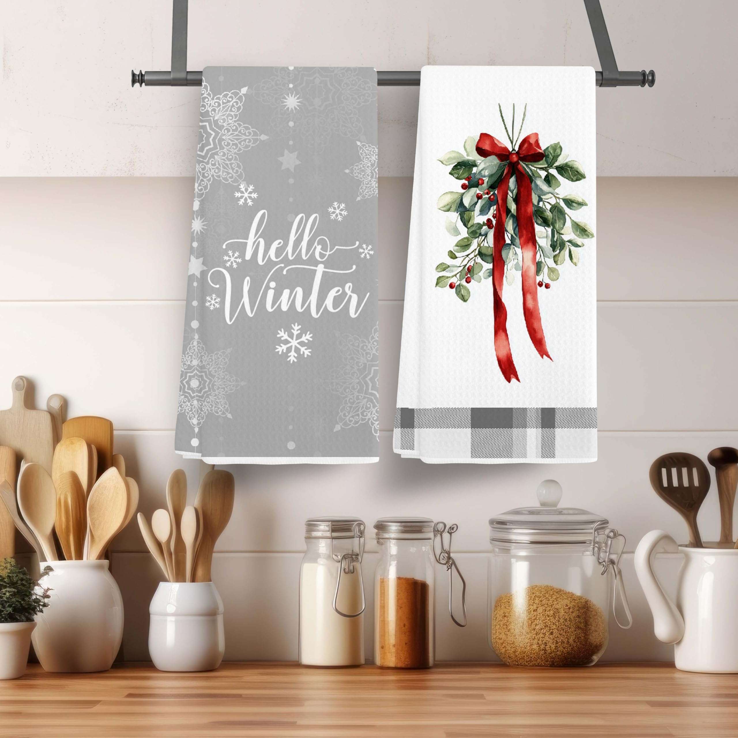 EJGFS Winter Decorative Kitchen Towels Set of 2, ‘Hello Winter’ Dish Towels, Winter Decorations, Christmas Ornaments, Hand Towels, 16x24 Inches, for Family, Friends, etc.(033) 3