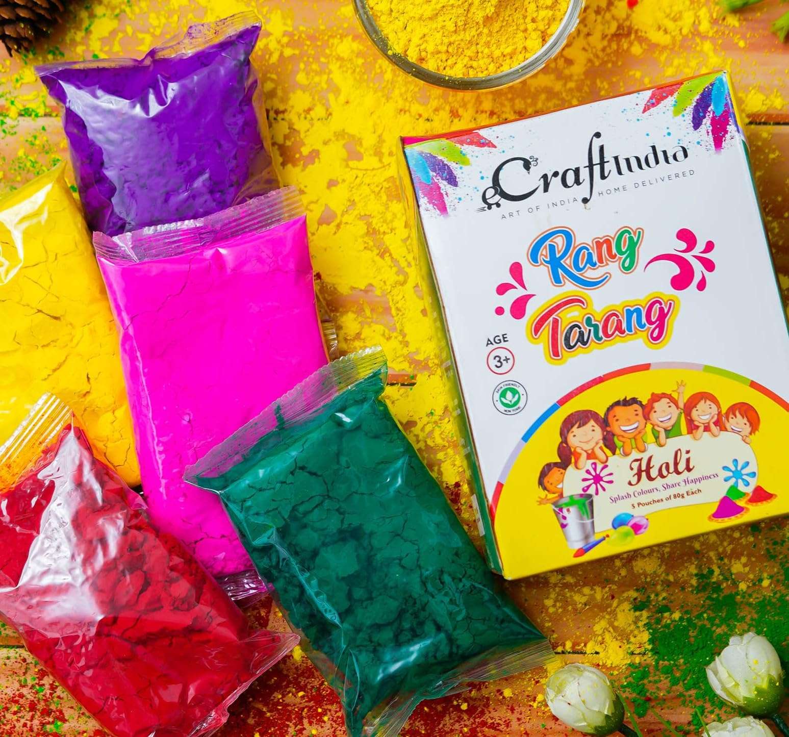 eCraftIndia Rang Tarang Holi Colours Packe of 5 (80g Each) | Holi Colours for Kids Family Men Women | Natural Holi Colour Organic | Holi Decoration Items | Holi Gulal | Holi Gift Hampers Box 3