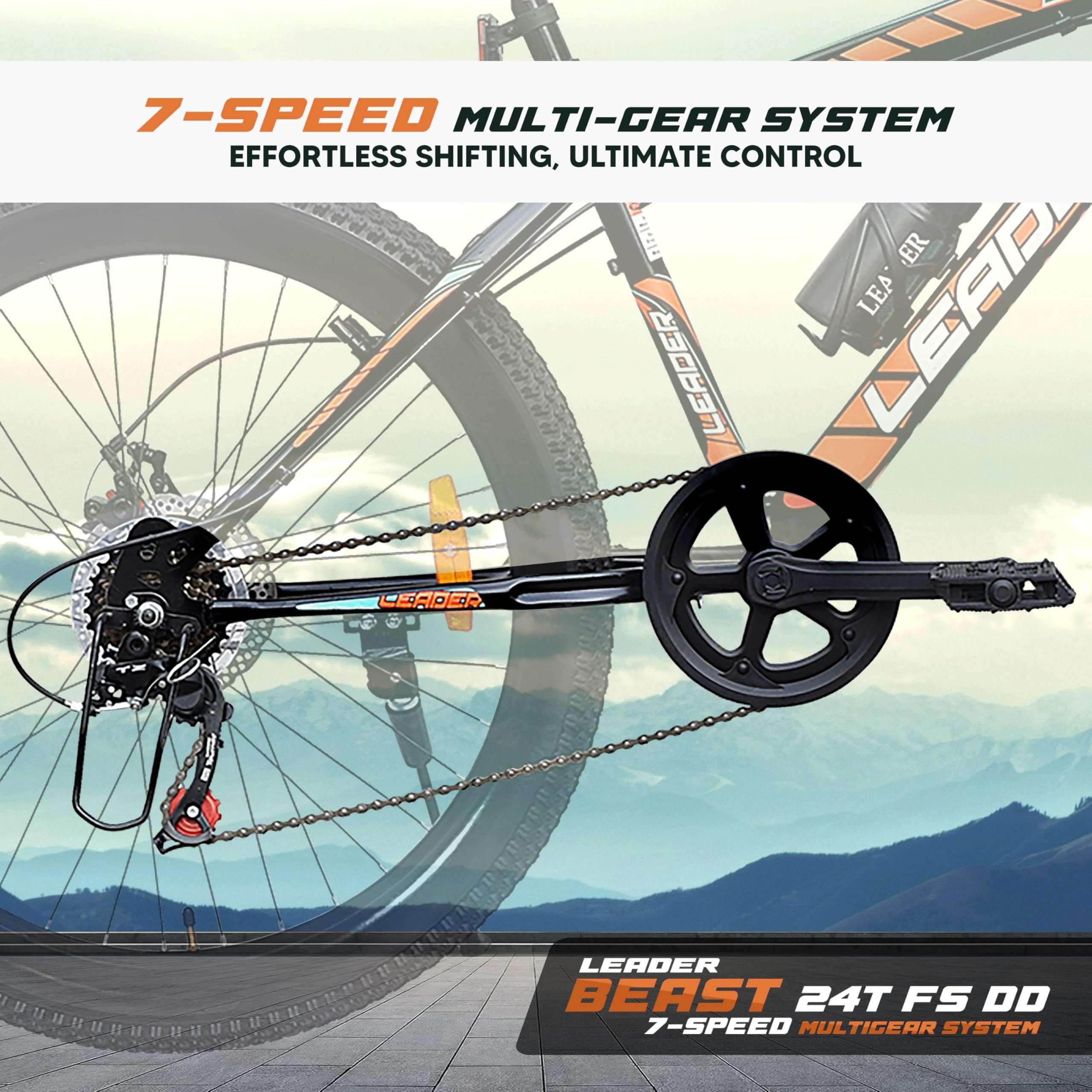 Leader Beast 24T 7-Speed Kids MTB Cycle | Kids Cycle with Sturdy 16 Inch Frame | Gear Bicycle with Front Suspension & Dual Disc Brakes | Ideal for Kids 9-13 Years (Black/Orange) 6