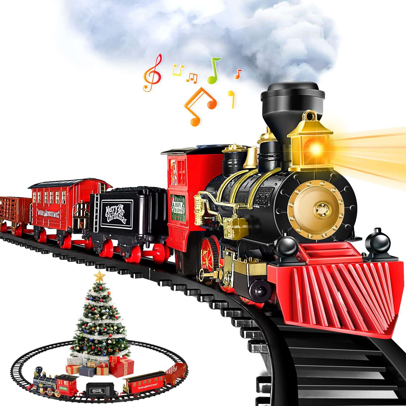 OleFun Train Set - Train Toys for Boys Girls w/Smokes, Lights & Sound, Railway Kits, Toy Train w/Steam Locomotive Engine, Cargo Cars & Tracks, for 3 4 5 6 7 8+ Year Old Kids 1