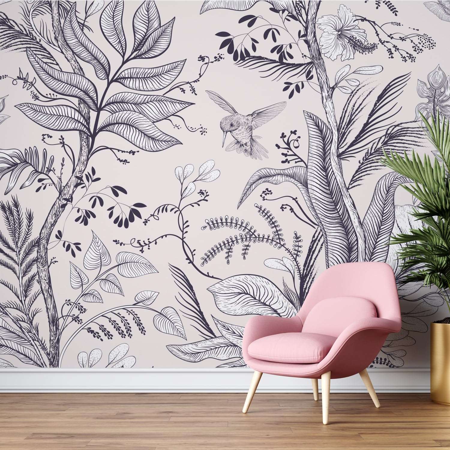 PAPER PLANE DESIGN Birds and Flower Excusite Tropical Leaves and Nature Wall Mural Wallpaper. Full Wall Coverage. (Ds-8) (12 X 15 FEET, Canvas Texture - Non Adhesive) 1