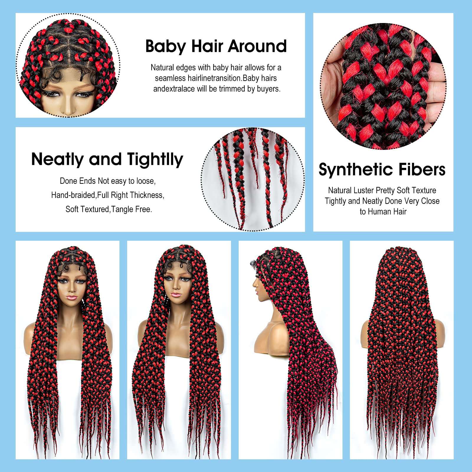 Braided Wigs for Black Women Full Double Lace Braided Wigs Knotless Box Braids Synthetic Lace Front Braided Wigs Cornrow Braids Wigs with Baby Hair Handmade Braided Wigs 32 inches (1B/RED Color) 6