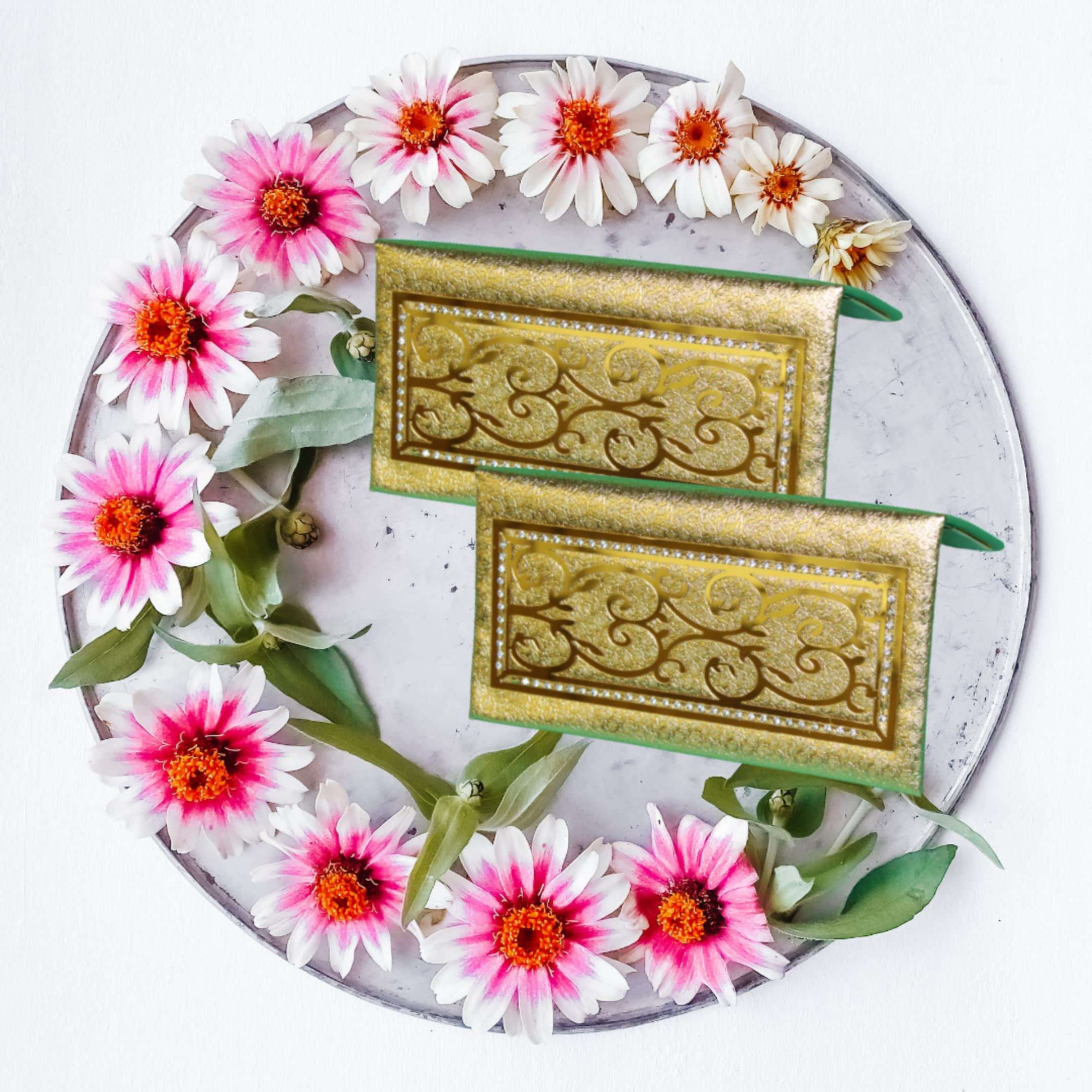 BERRYCRAVE Golden Leatherette Paper Fancy 3D Design Shagun Envelope | Shaadi ke lifafe | Envelope | Wedding | Engagement | Birthday | Festivals | Money | Flowers Design-2 2