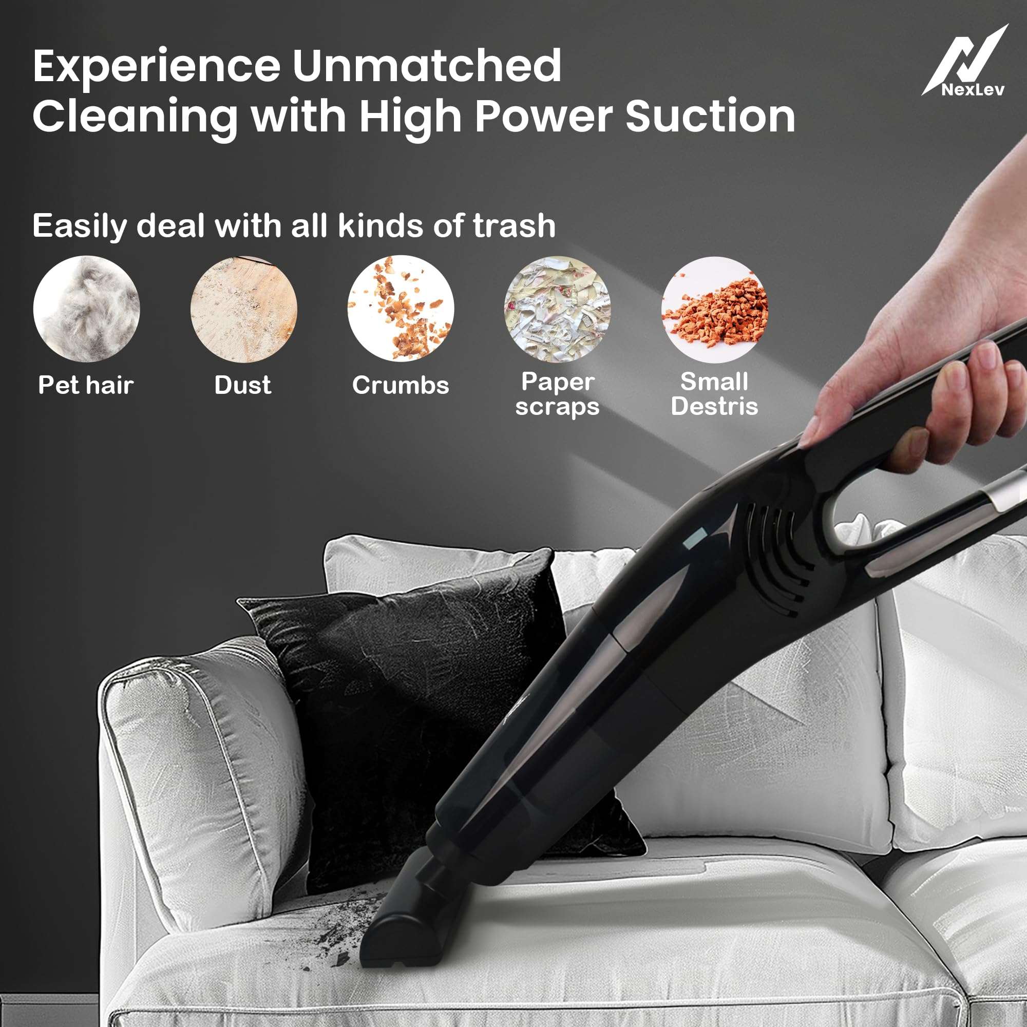 NexLev Cordless Vacuum Cleaner|HEPA with Stainless Steel Cover|6000 mAh|Copper Motor| Rechargeable Type C|Ideal for Home, Office & Car Use|Compact & Portable|Dust & Pet Hair Remover|3 Attachment|VC-02 3
