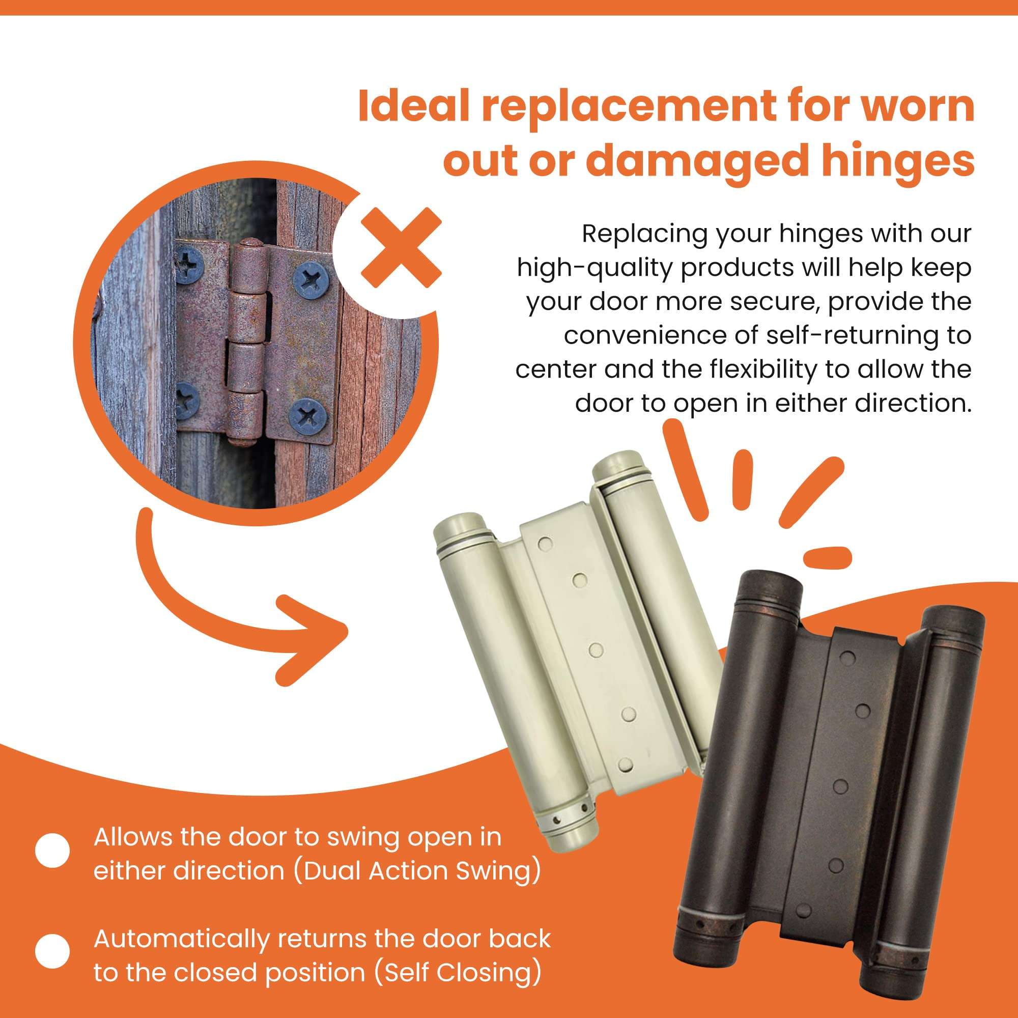 Swinging Cafe Doors Double Action Hinges with Self-Hold Feature for Saloon, In & Out Doorway Swing, Self Closing - (Brass) 4