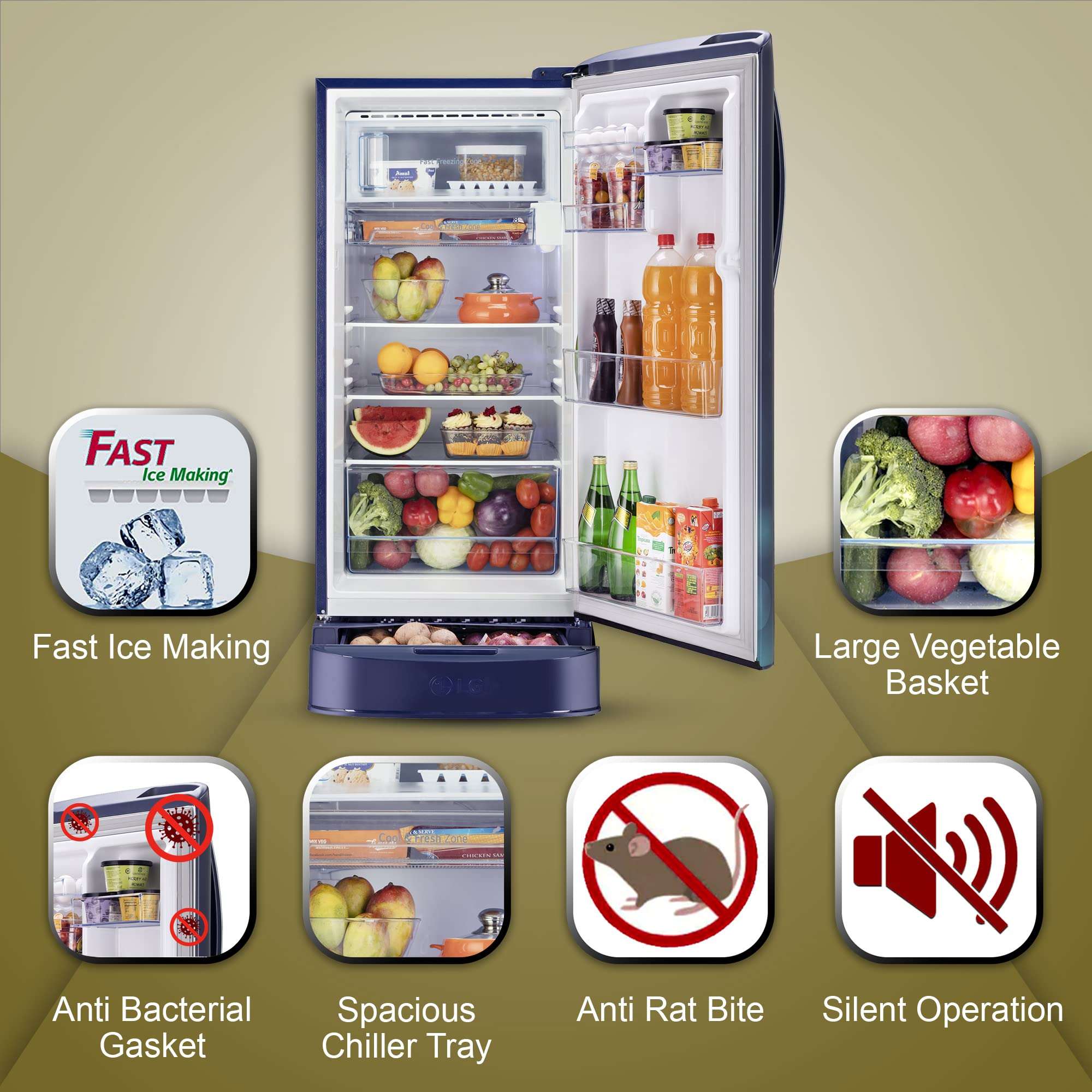 LG 201 L 5 Star Inverter Direct-Cool Single Door Refrigerator (GL-D211HBCZ, Blue Charm, Base stand with drawer) 5