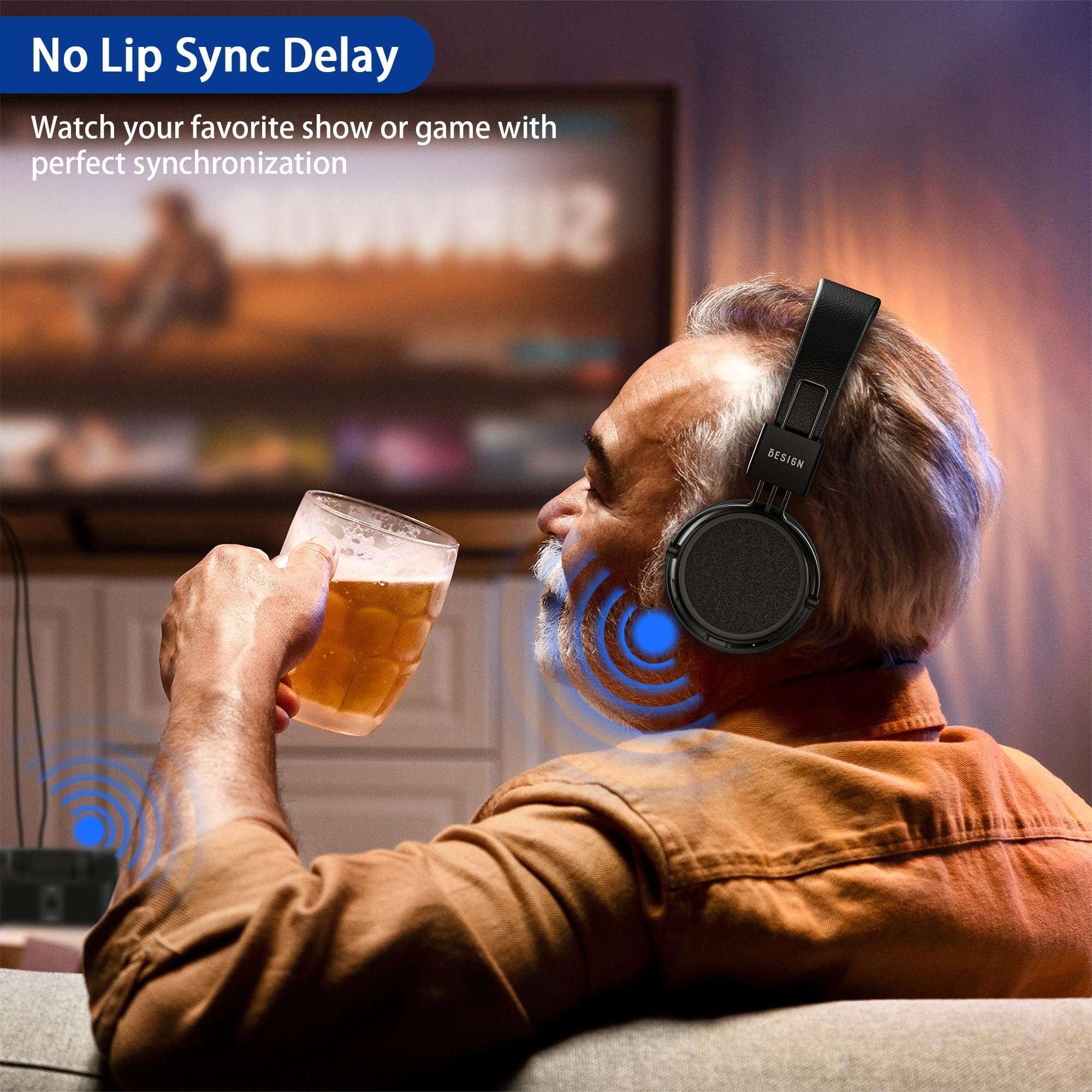 BESIGN BTH01 Wireless Headphones for TV Watching with Bluetooth Transmitter Charging Dock, Bluetooth TV Headsets, 100ft Range No Audio Delay, Digital Optical RCA AUX, Full Black 3