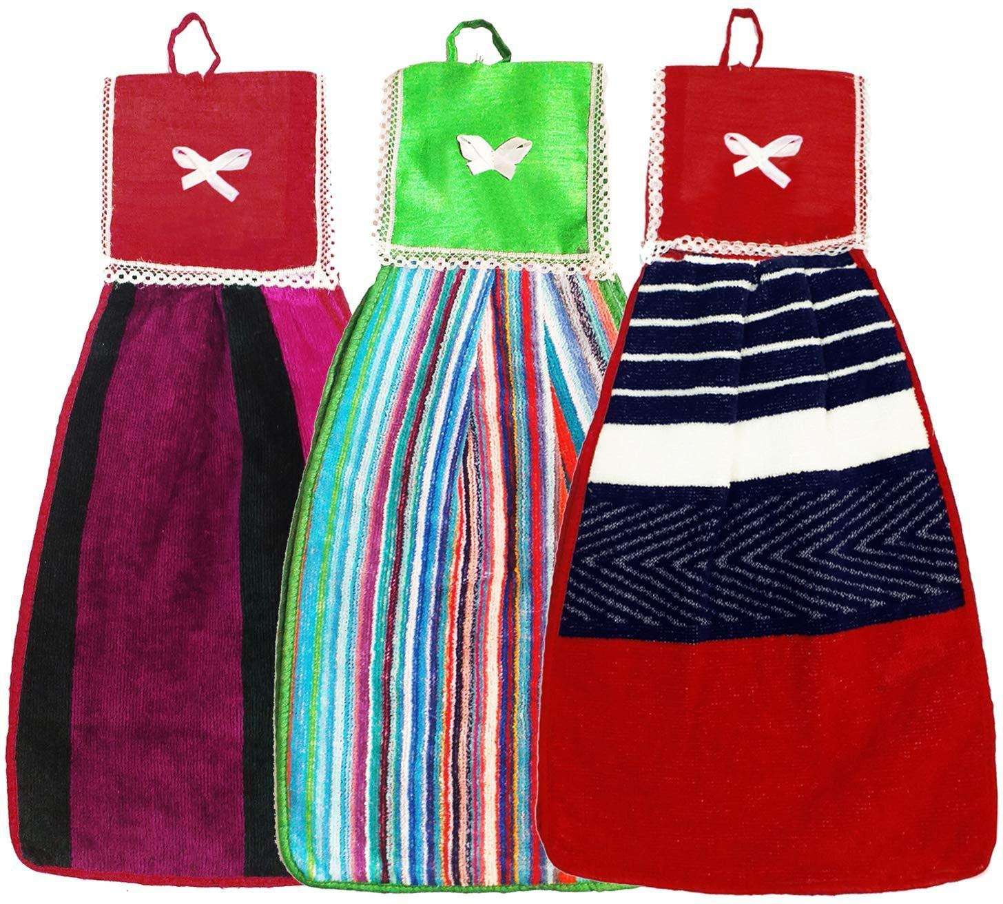 VORDVIGO Double Sided Printed Soft Cotton Hanging Hand Towel Napkin for Wash and Kitchen Basin (Multicolor) - Pack of 3 1