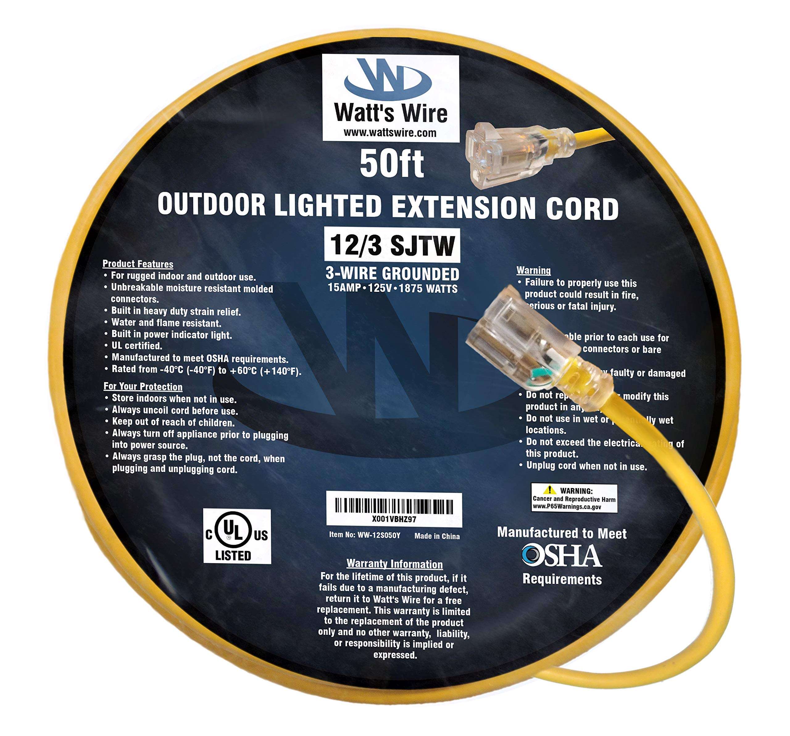 50 ft - 12 Gauge Heavy Duty Extension Cord - Lighted SJTW - Indoor/Outdoor Extension Cord by Watt's Wire - 50' 12-Gauge Grounded 15 Amp Extension Cord 6