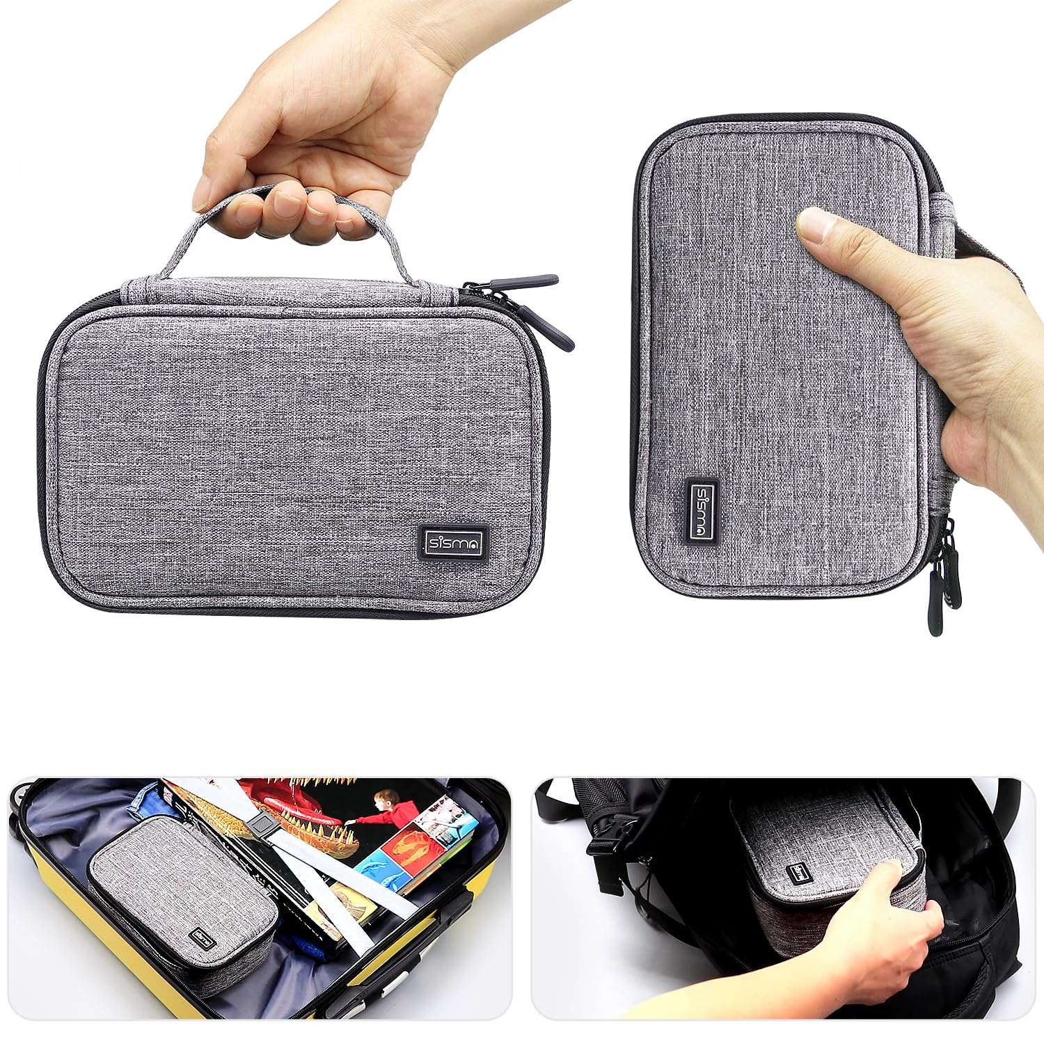 sisma Electronics Cords Organizer Tech Accessories Storage Case Travel Small Carrying Bag for Charging Cables Adapter USB Plugs Power Cord Leads - Grey 1680d 2