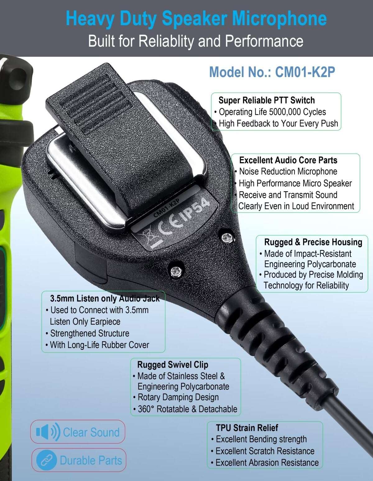 commountain Heavy Speaker Mic Compatible for Baofeng Radios BF-F8HP UV-82HP UV-5R UV82 UV82C UV5R5 UV5RA UV5RE UV5X3 and Kenwood BTECH Retevis Samcom Radios, Walkie Talkie Microphone 3