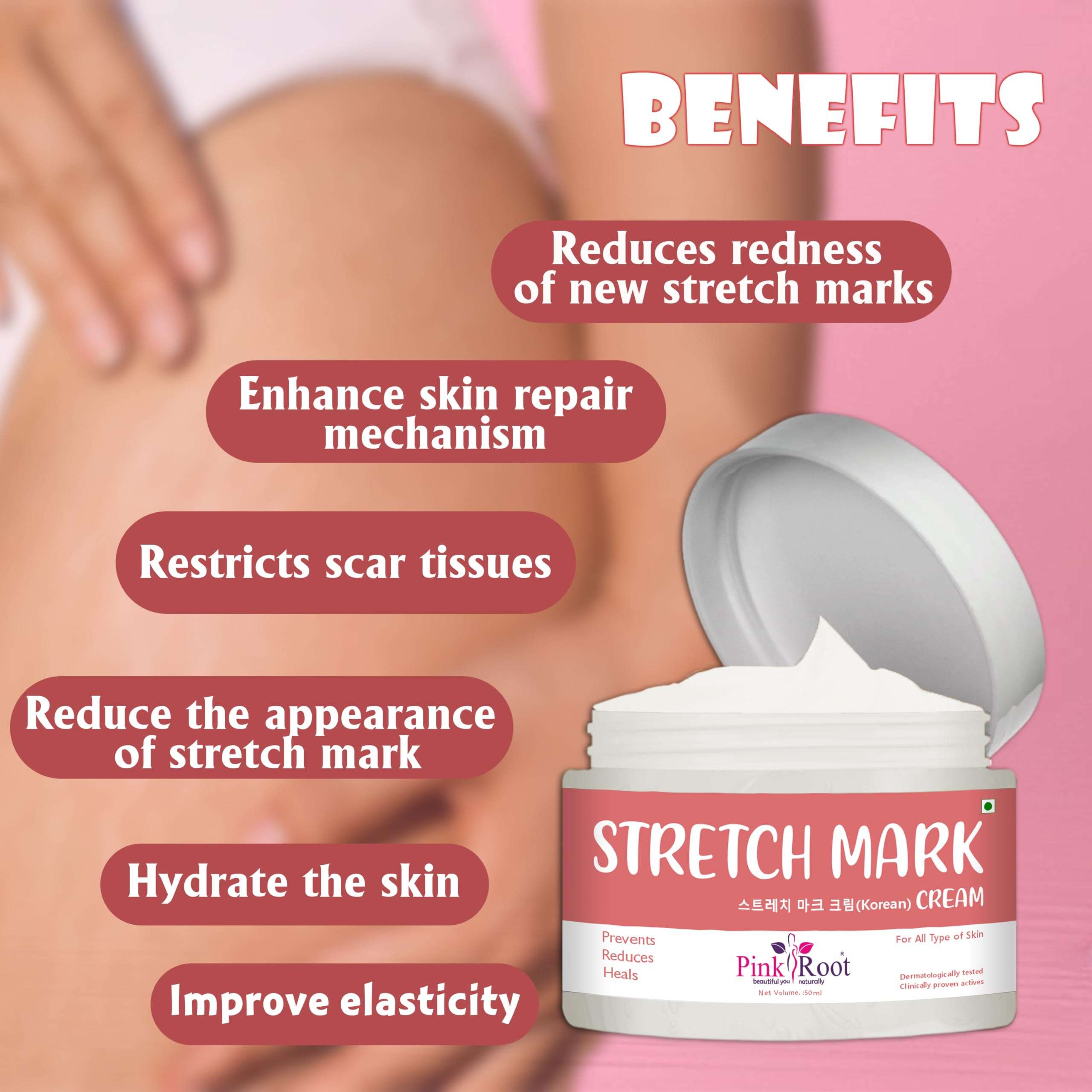 Pink Root Stretch Mark Cream 50ml - Reduce Appearance of Stretch Marks Over Time & Reduces Redness 3