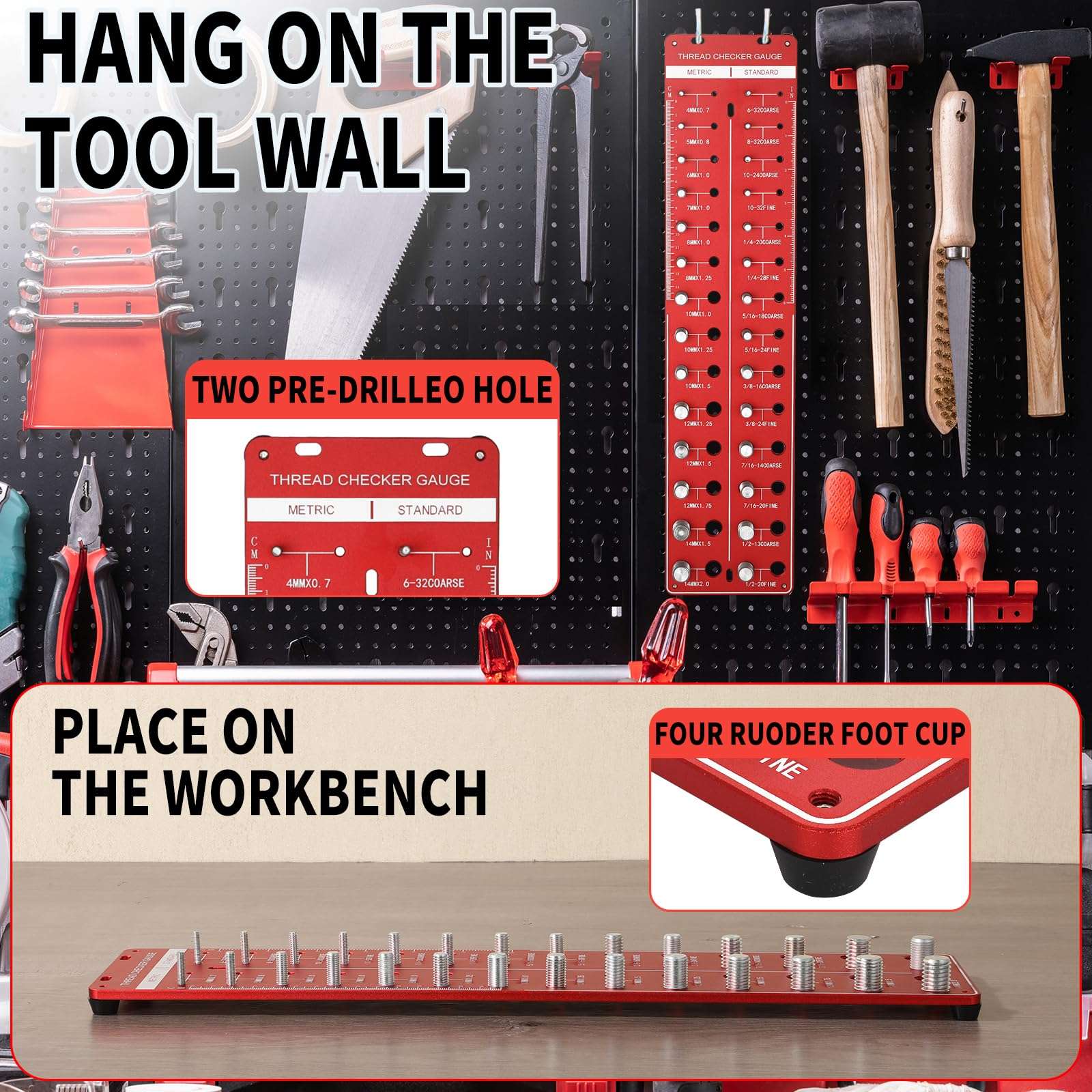 Thread Checker, 28 Nut and Bolt Thread Checker, Bolt Size and Thread Gauge 14 Standard & 14 Metric with Inch and Centimeter Ruler, Gift for Mechanic (Red) 6