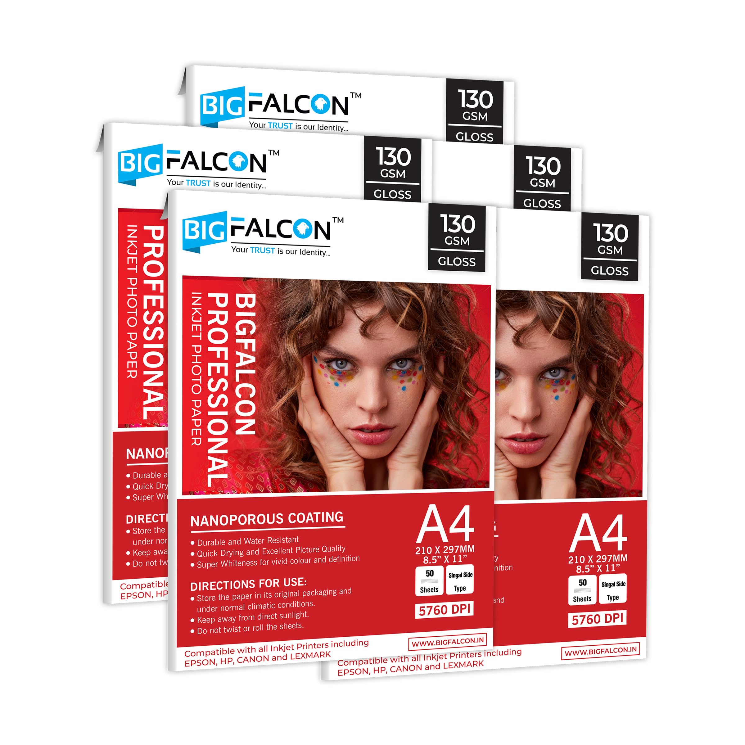BIGFALCON Professional 130 GSM A4 Size (8.5x11 inch) Glossy Cast Coated Inkjet Photo Paper 250 Sheets for all Inkjet Printer (Pack Of 5)