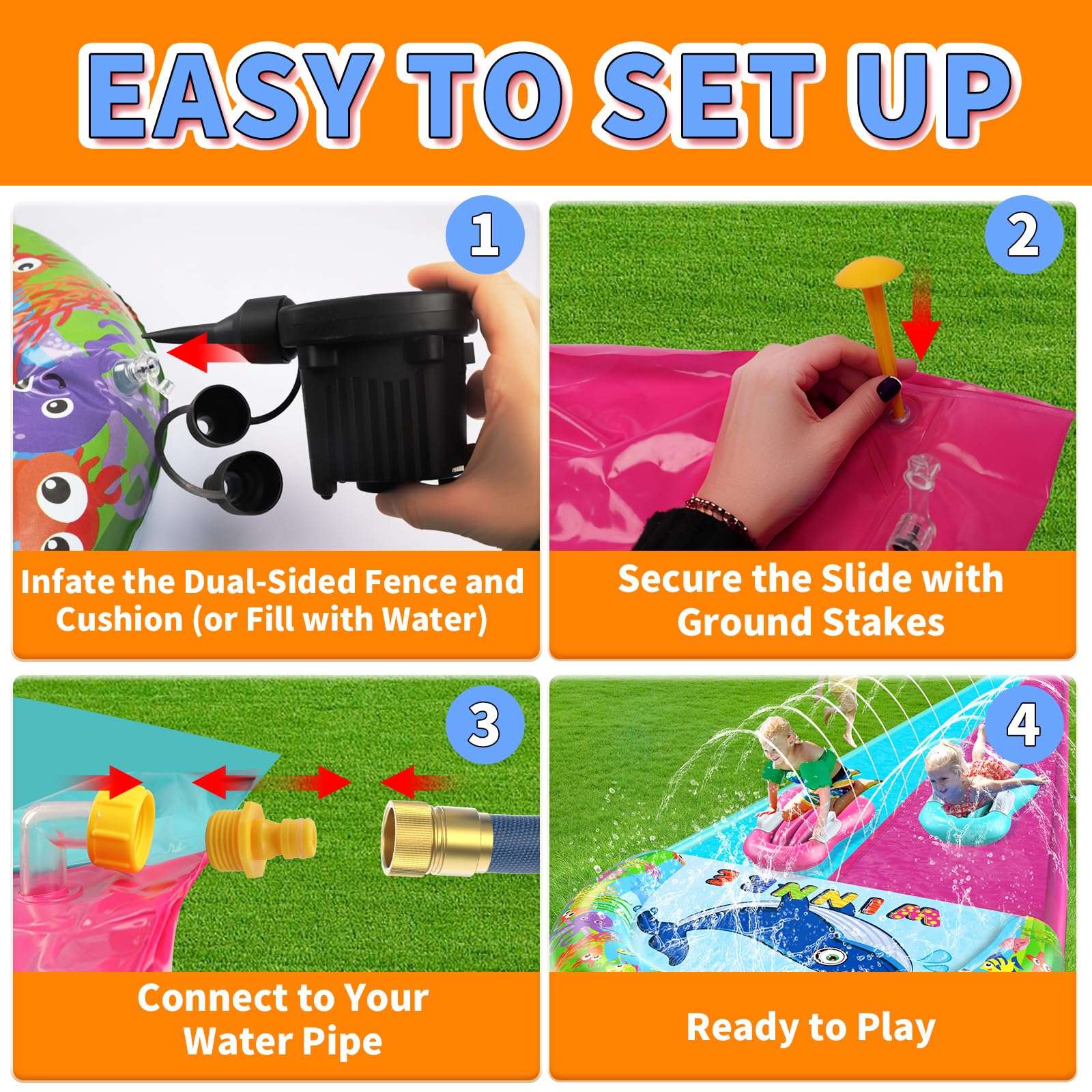 33FT Slip Lawn Water Slide for Kids Adults, Extra-Long Double Lanes Heavy Duty Slides N Side Fences, Giant Water Slide with Splash Pool, 2 Bodyboards with Handles, Slip Backyard Summer Water Play Toy 6