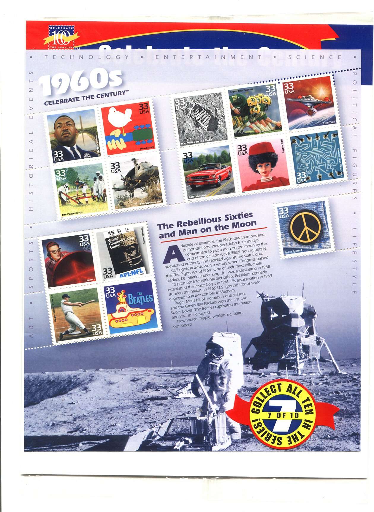 Celebrate the Century 1960s 15 x 33 Cent US Postage Stamps Scot #3188