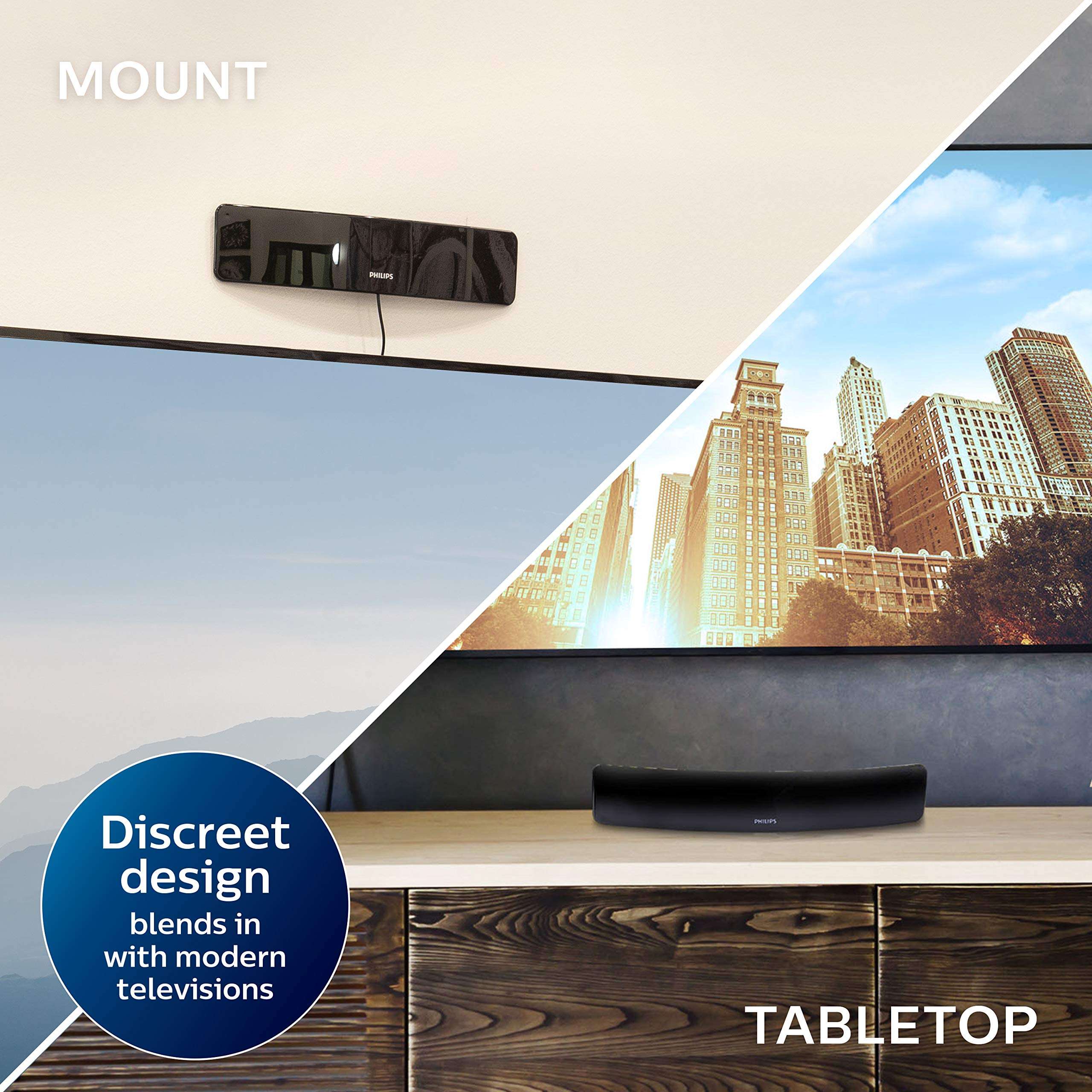 Philips Curved Contour HD TV Antenna, 30 Mile Range, 4K 1080P VHF UHF, Digital Smart TV Compatible, 5 ft. Coaxial Cable, Black, SDV9201A/27 4