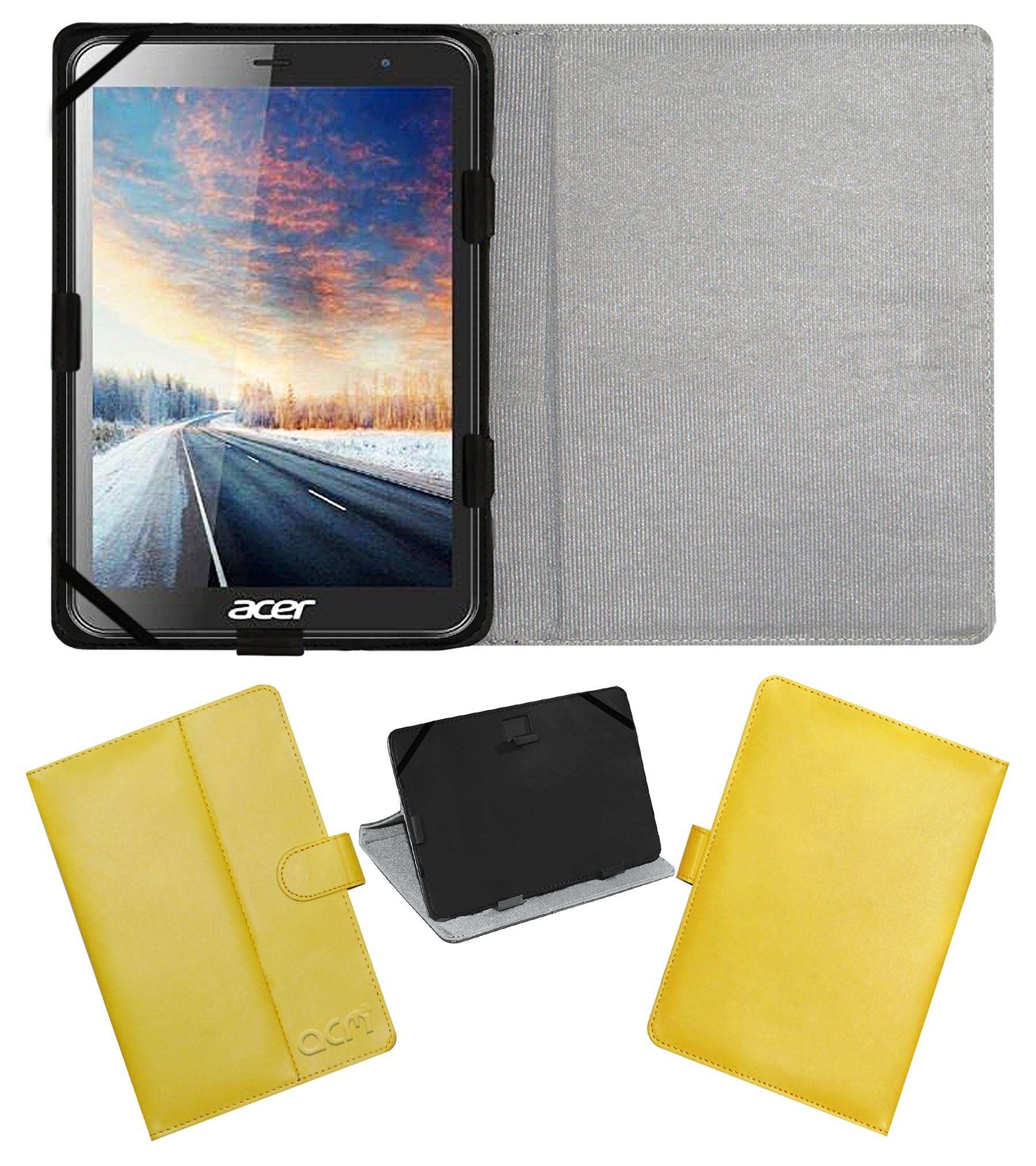 Acm Leather Flip Flap Case Compatible with Acer One 8t4-82l Tablet Cover Stand Yellow 1