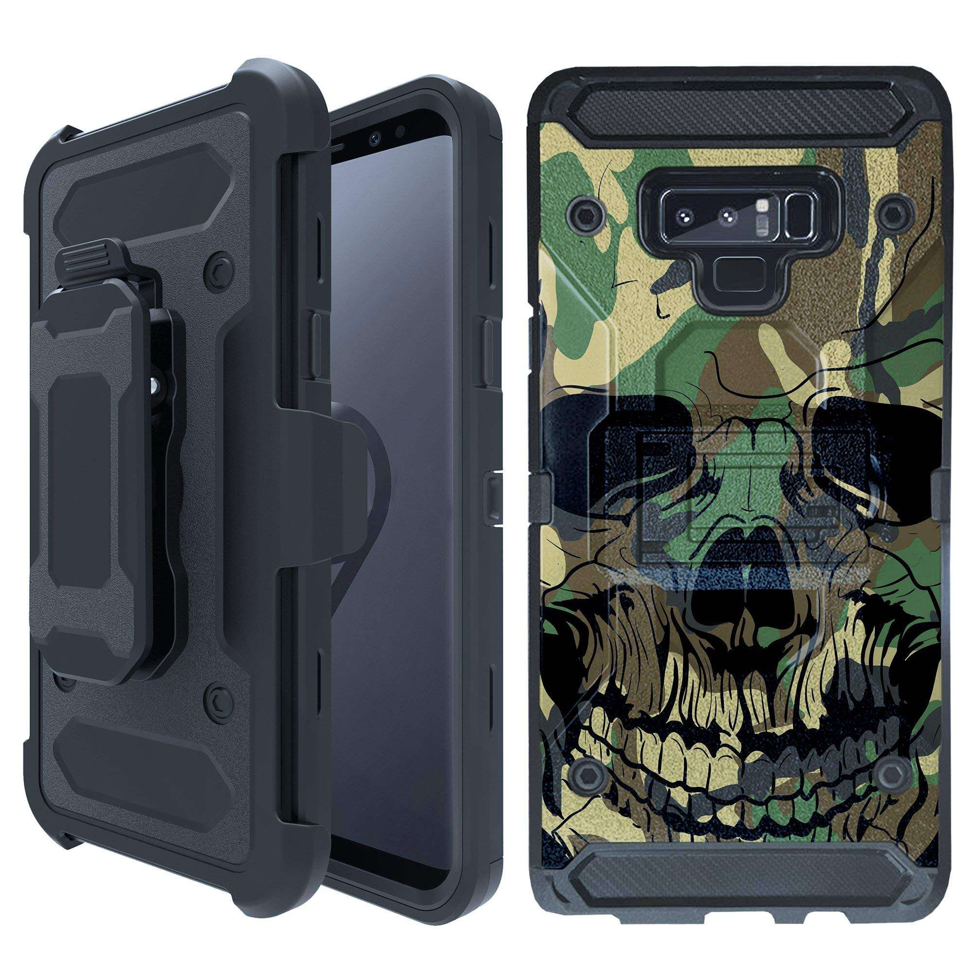 Untouchble Combo Case Compatible with Samsung Galaxy Note 9, Note 9 Holster Case [Tank Series] Triple Layer Inner TPU Bumper Two Piece Shell Kickstand Belt Clip Rugged Cover - Jungle Camo Skull 1