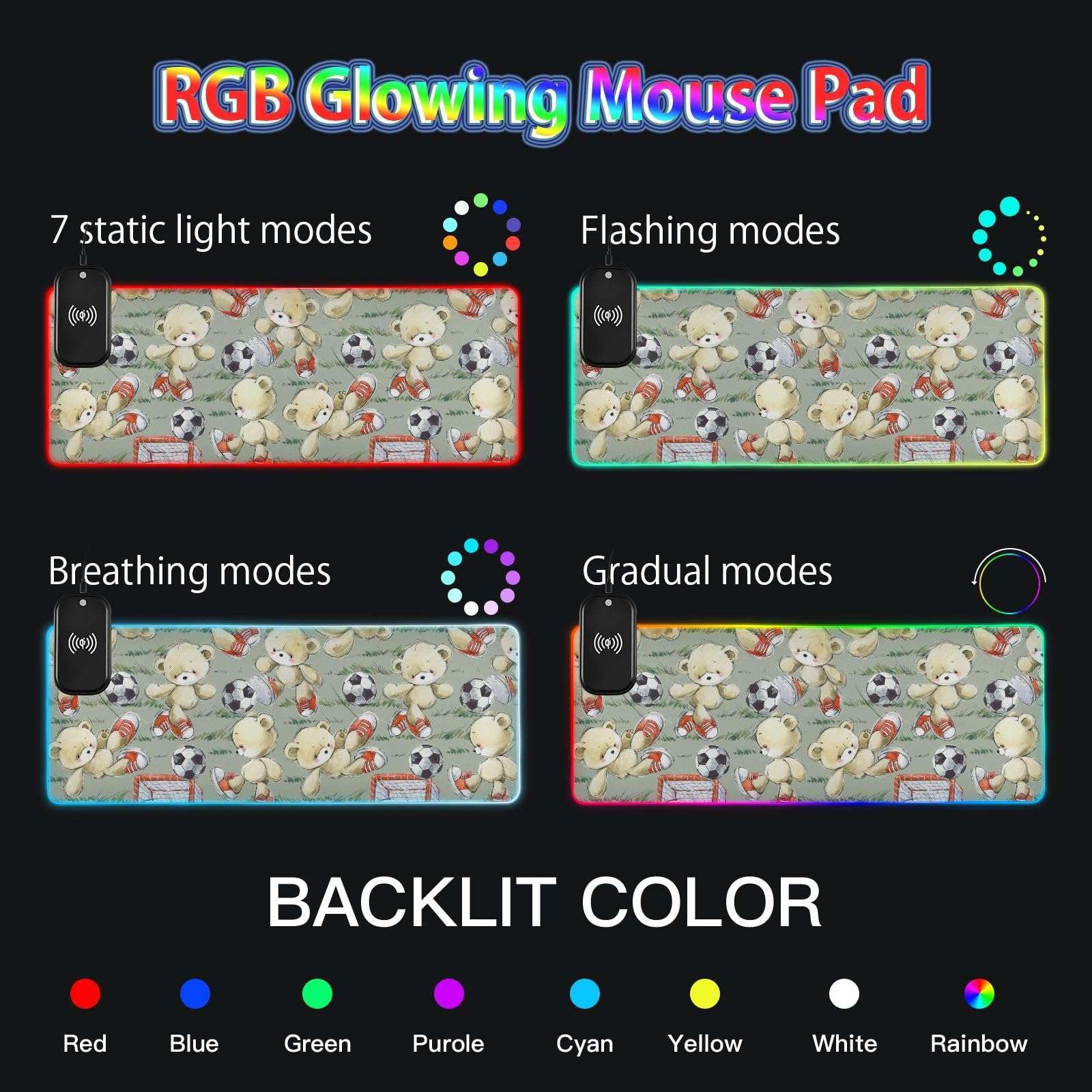 Cutebear Football Wireless Charging Mouse Pad for Mobile Phone Extra Large Gaming Mousepad with 13 Lighting Modes Keyboard Mat for Office Home Gaming MacBook PC Laptop Desk 6