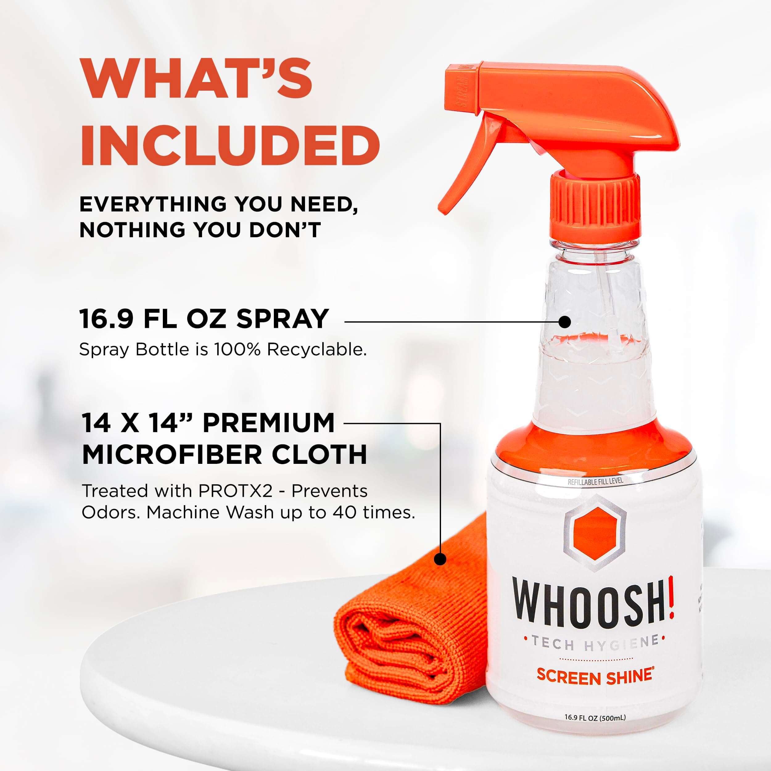WHOOSH! Pro 16.9 fl oz Refillable TV Screen Cleaner & Microfiber Cloth - Streak-Free Cleaner for Flat Screens, OLED, LCD, Smart TV, Monitors - Non-Toxic, Odorless - Electronics Cleaning Kit 2