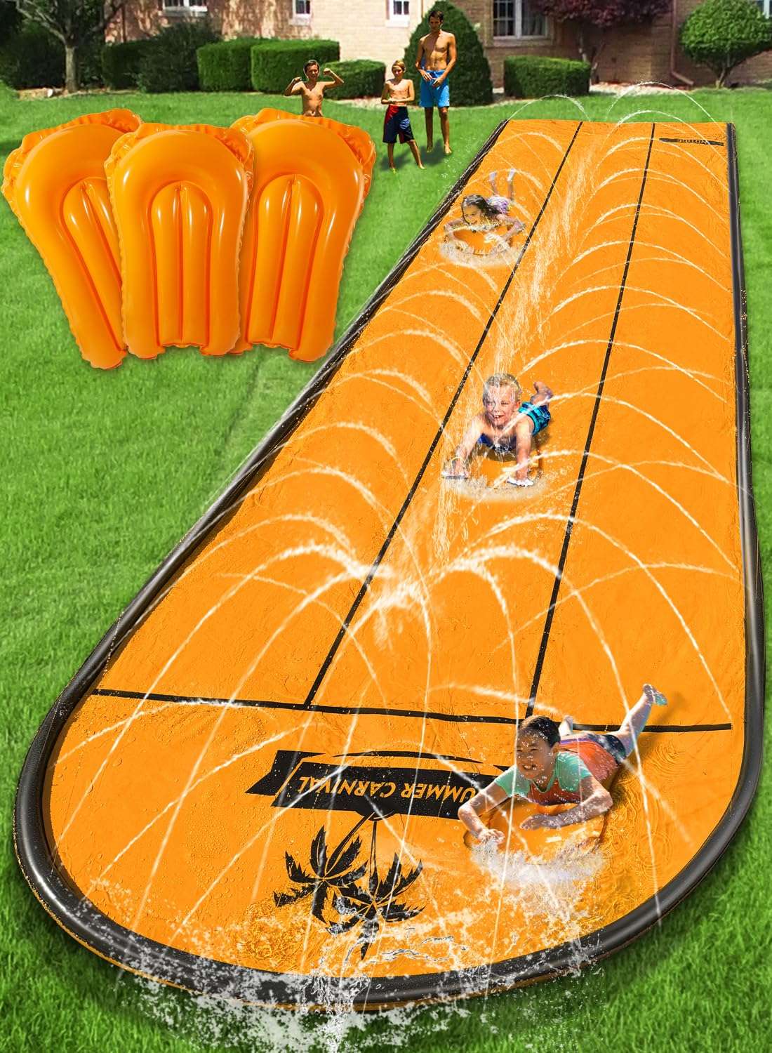 Slip and Water Slip，Slip Water Slide for Kids Backyard 17ft*3 Lane Orange,Summer Toys for Kids Outdoor with Sprinkler and 3 Bodyboards 1