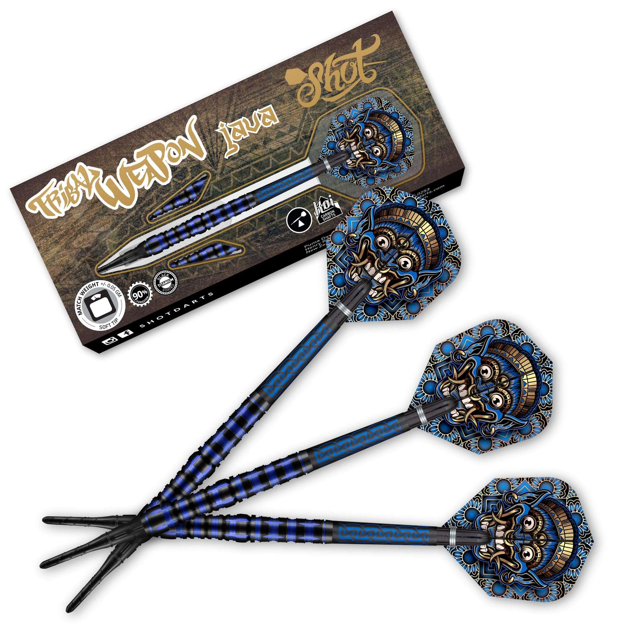 Shot! Darts Tribal Weapon Java Soft Tip Dart Set-90% Tungsten Barrels, Professional – Made in New Zealand – Designed Dart Flights for Women & Men – Metal Tip Bar Darts for Adults 1