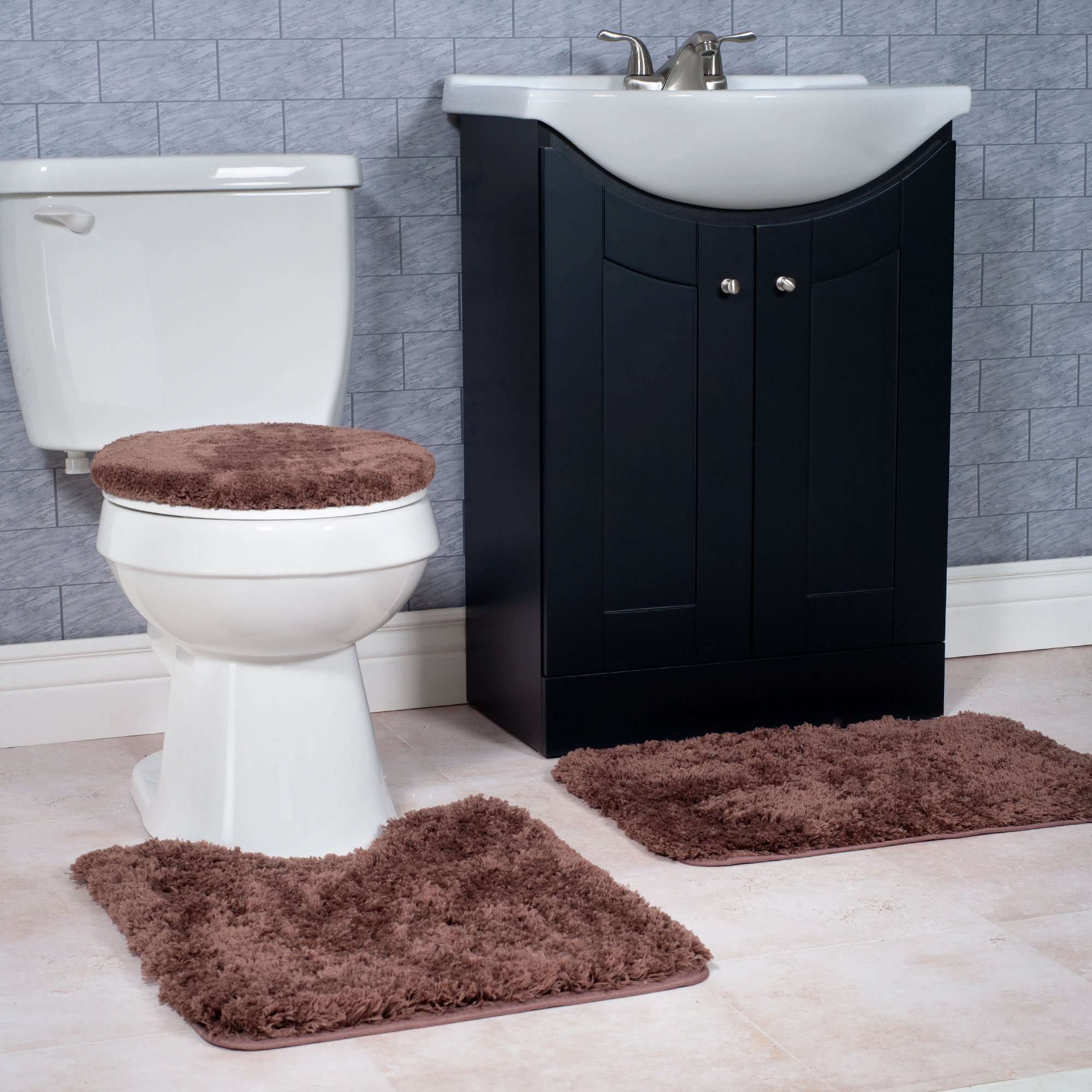 Lavish Home 3 Piece Super Plush Non-Slip Bath Mat Rug Set - Chocolate 2