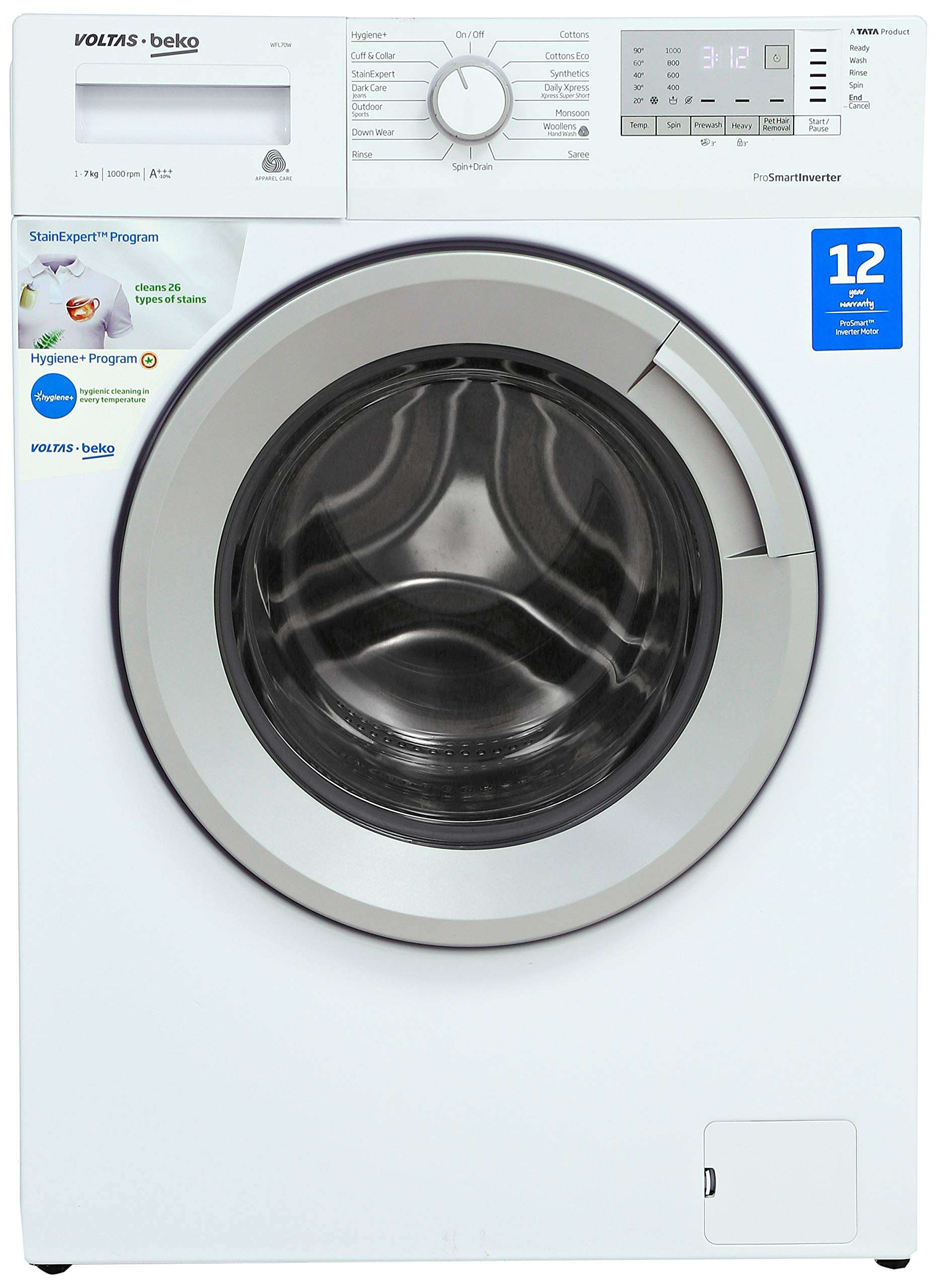 Voltas Beko 7 Kg Inverter Fully-Automatic Front Loading Washing Machine, Inbuilt Heater, 26 Stain Remover (WFL70W, White) 1