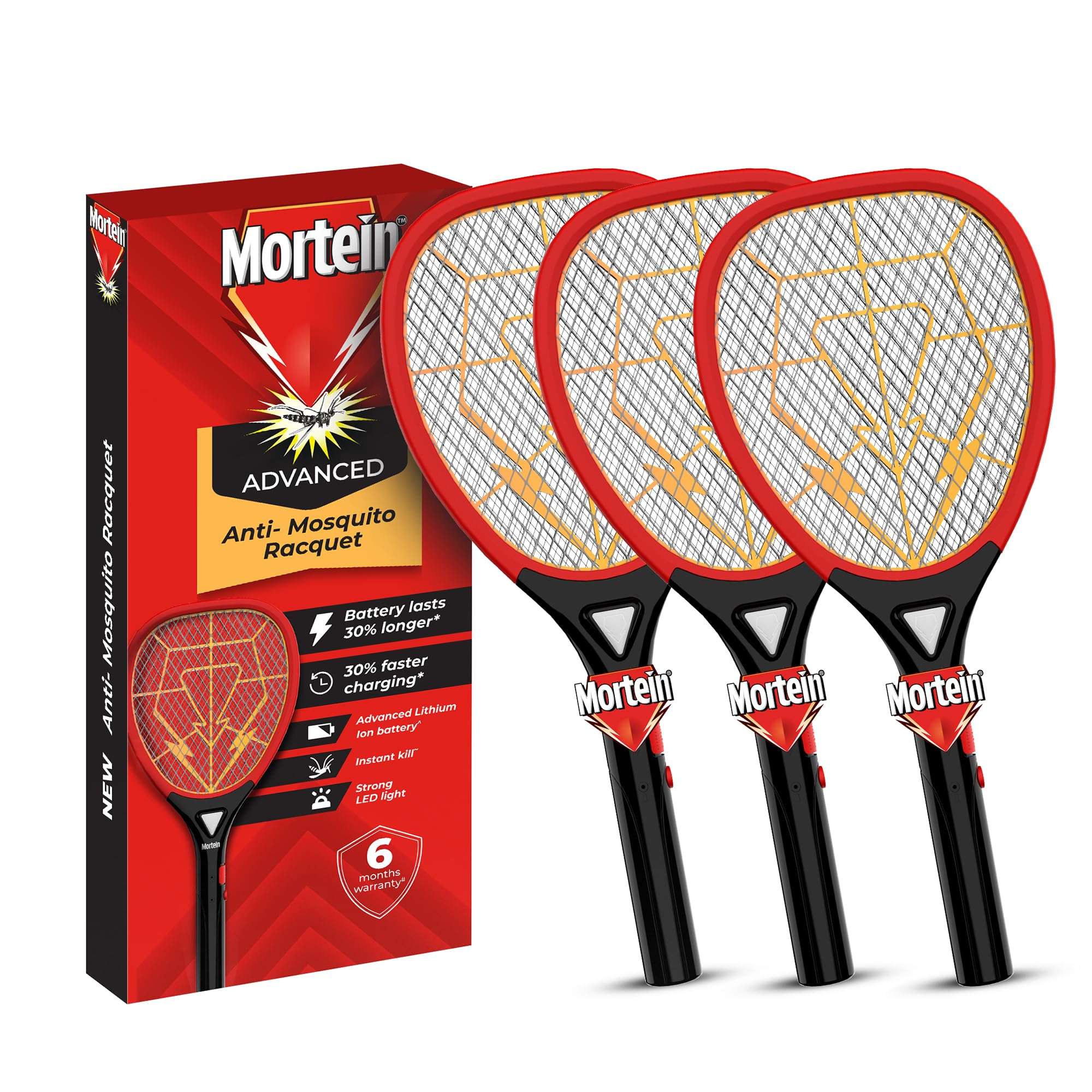 Mortein Advanced Anti-Mosquito Racquet | Electric Mosquito Bat | 30% Longer Rechargeable Battery | Mosquito Killer Racket | Bat to Hit Mosquito (Pack of 3),Black Red 1