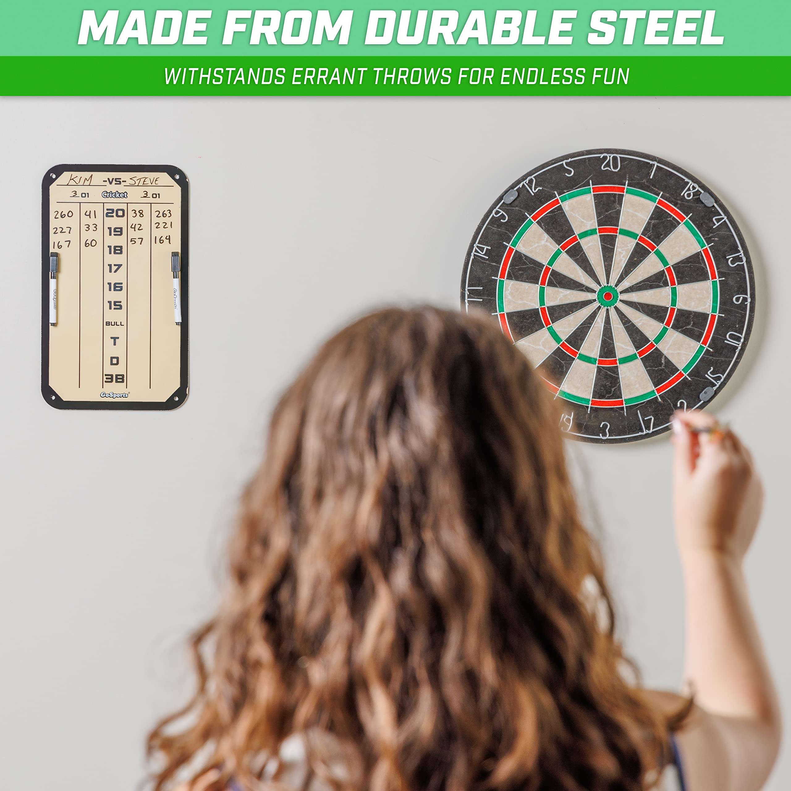 GoSports Dry Erase Steel Darts Scoreboard - Cricket and 01 Dart Games with 2 Magnetic Markers 4