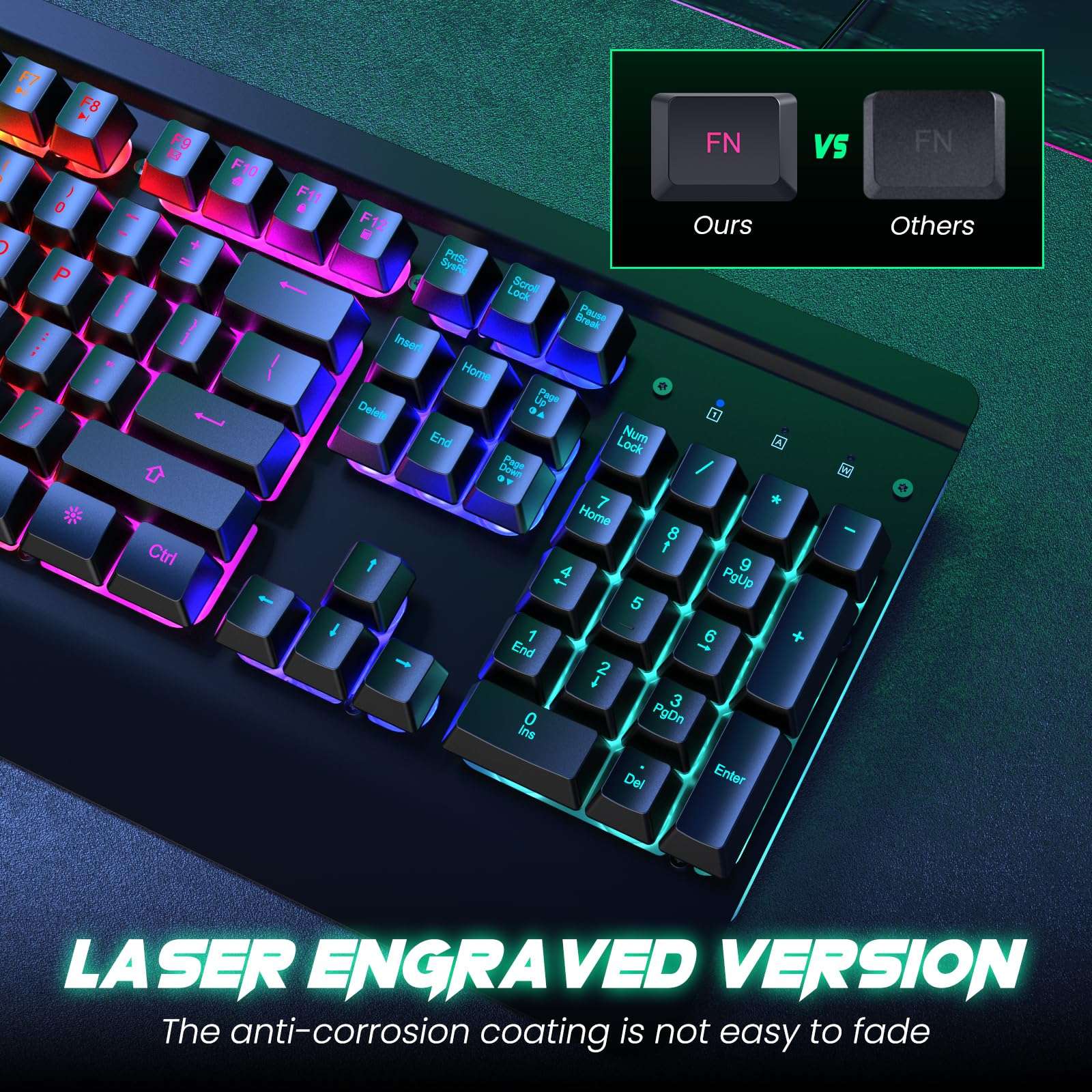 RisoPhy RGB Gaming Keyboard, 7 Single Color Backlits, 104 Keys Metal Panel Computer Keyboard,Silent Keys, Wrist Rest, Full Size Waterproof Light Up Wired Keyboard for PC Laptop Mac Gamer 6