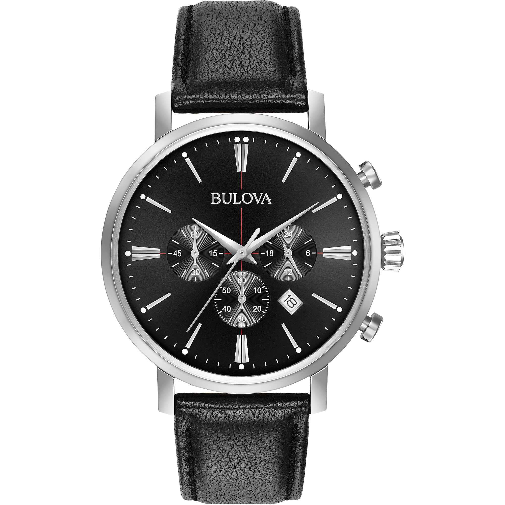 Bulova Men's Classic Aerojet Stainless Steel 6-Hand Chronograph Watch with Black Leather Strap, 41mm Style: 96B262 1
