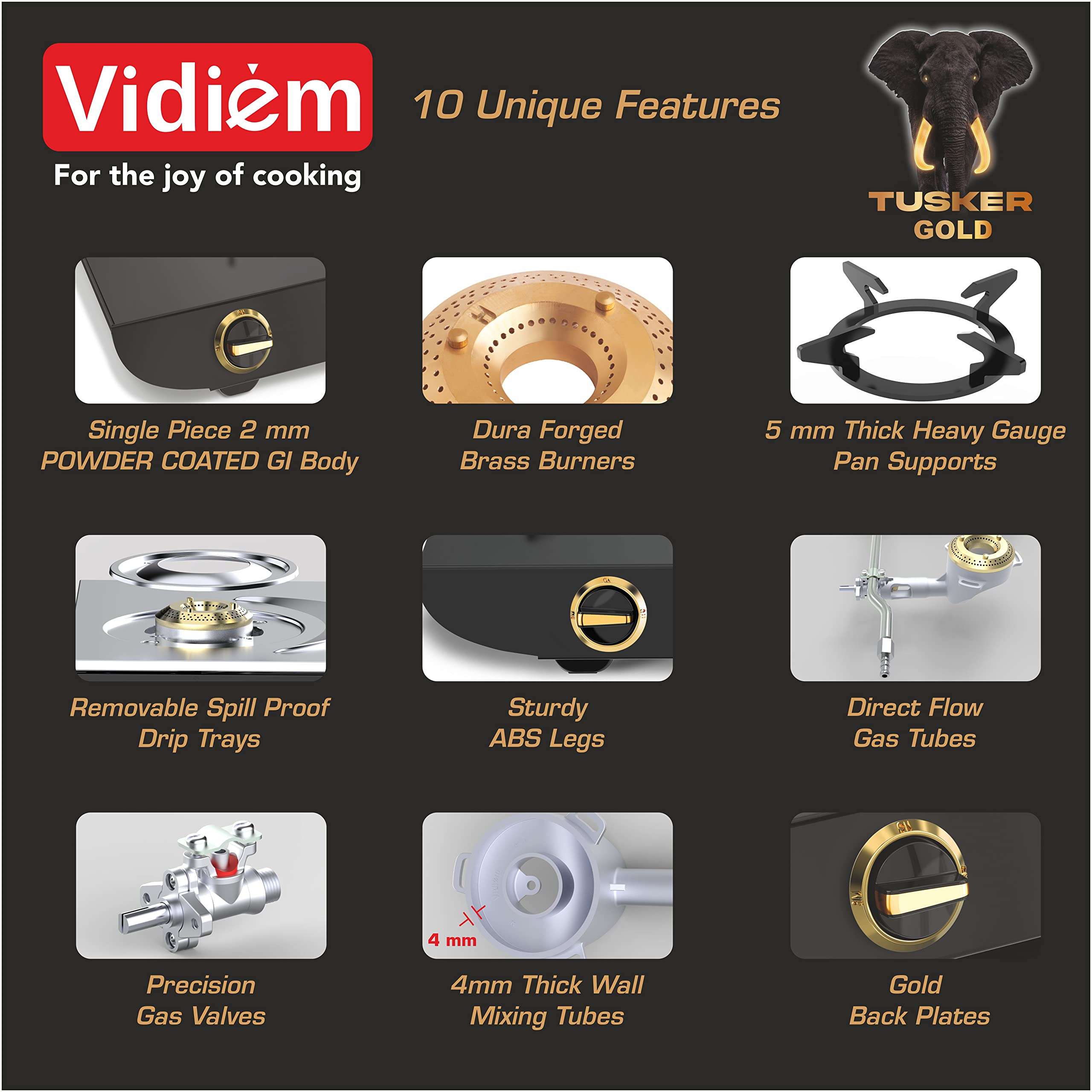 Vidiem 4 Burner ZZ Gas Stove - Tusker Gold Black | Manual Ignition | High-Efficiency Brass Burners | GI Rust-Proof Body | Frameless Design | 5-Year Warranty | Cooktop for Indian Cooking 4