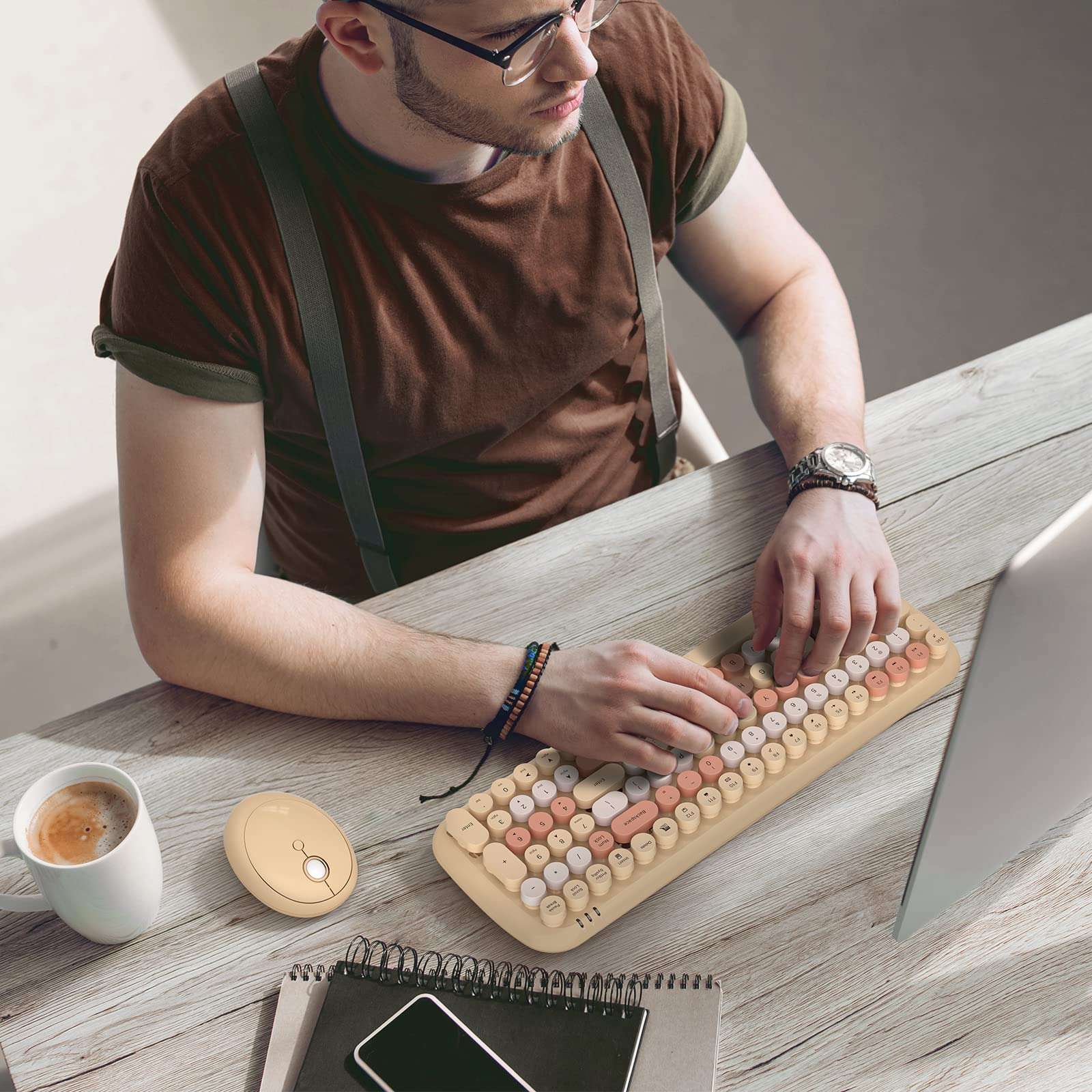 MOFII Wireless Keyboard and Mouse Combo, Retro Typewriter Keyboard with Multi-Media Function Keys and Number Pad Compared for PC Computer Windows 7 8 10 (Milk-Tea Colorful) 4