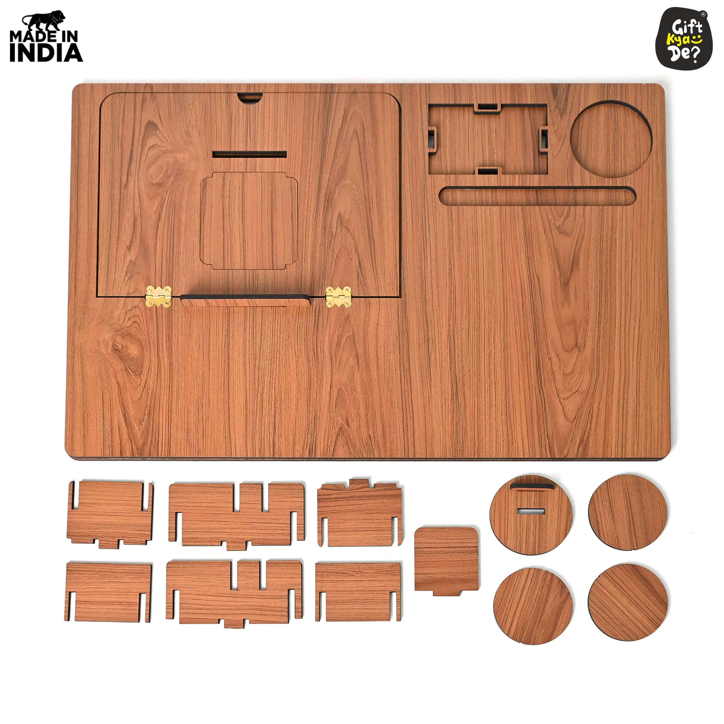 GKD Lapdesks Premium All-in-one Table top for Laptop Stand with Cooling pad Keyboard and Mouse pad Mobile Stand Stationary Desk Organizers and Coaster Set (All in One - Dark Wood) 3