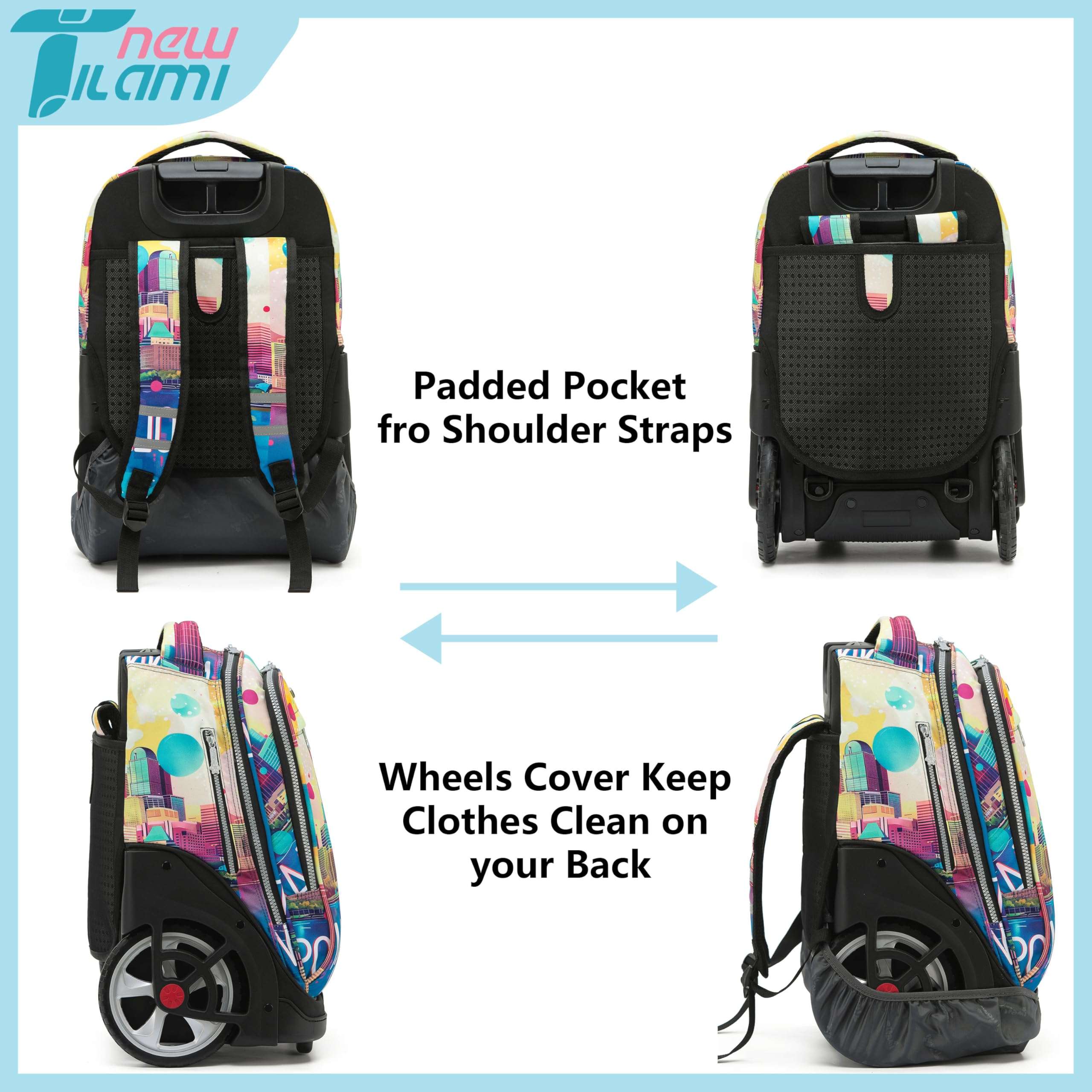 NEW TILAMI Rolling Backpack 19 inch Teens Rolling Backpack Cute Wheeled Computer Laptop Backpack Bookbag Roller Travel Bag College, City (No USB interface) 6