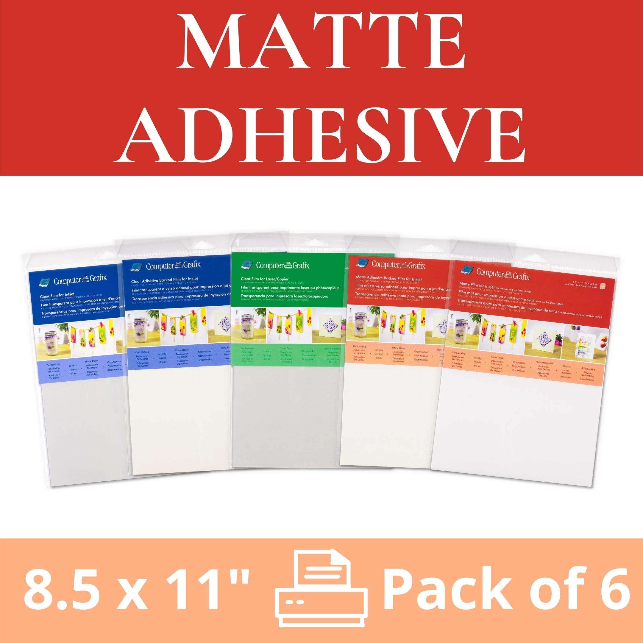 Grafix Computer Adhesive Backed 8.5 x 11” Matte, Pack of 6 – Self-Stick Printable Film for Creating Custom Journals, Stickers, Photos, Jewelry and More, Ink Jet Printers Only, 8.5" x 11" 2