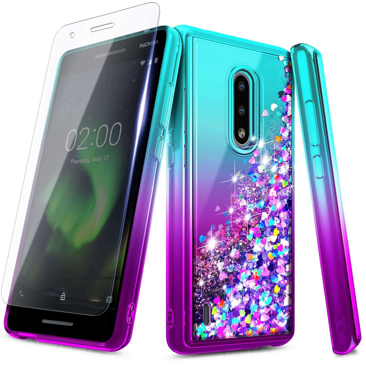 NZND Case for Nokia C2 Tava/Nokia C2 Tennen (Cricket Wireless) with Tempered Glass Screen Protector (Full Coverage), Glitter Liquid Floating Waterfall Durable Girls Cute Phone Case Cover -Aqua/Purple 5
