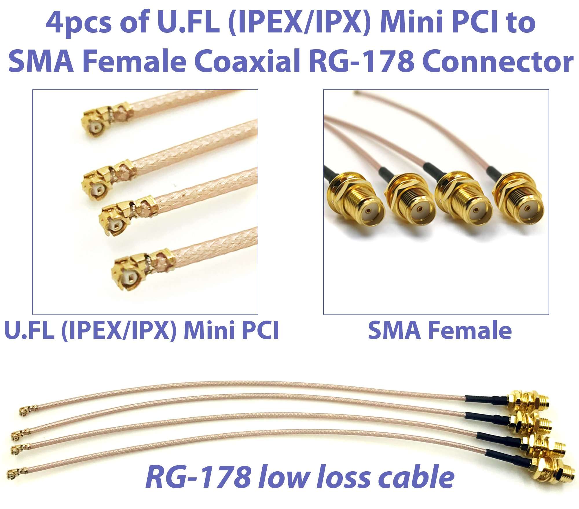 Pack of 4 RF U.FL(IPEX/IPX)Mini PCI to SMA Female Pigtail Antenna Wi-Fi Coaxial RG-178 Low Loss Cable (10 inches(25.4 cm)) 2